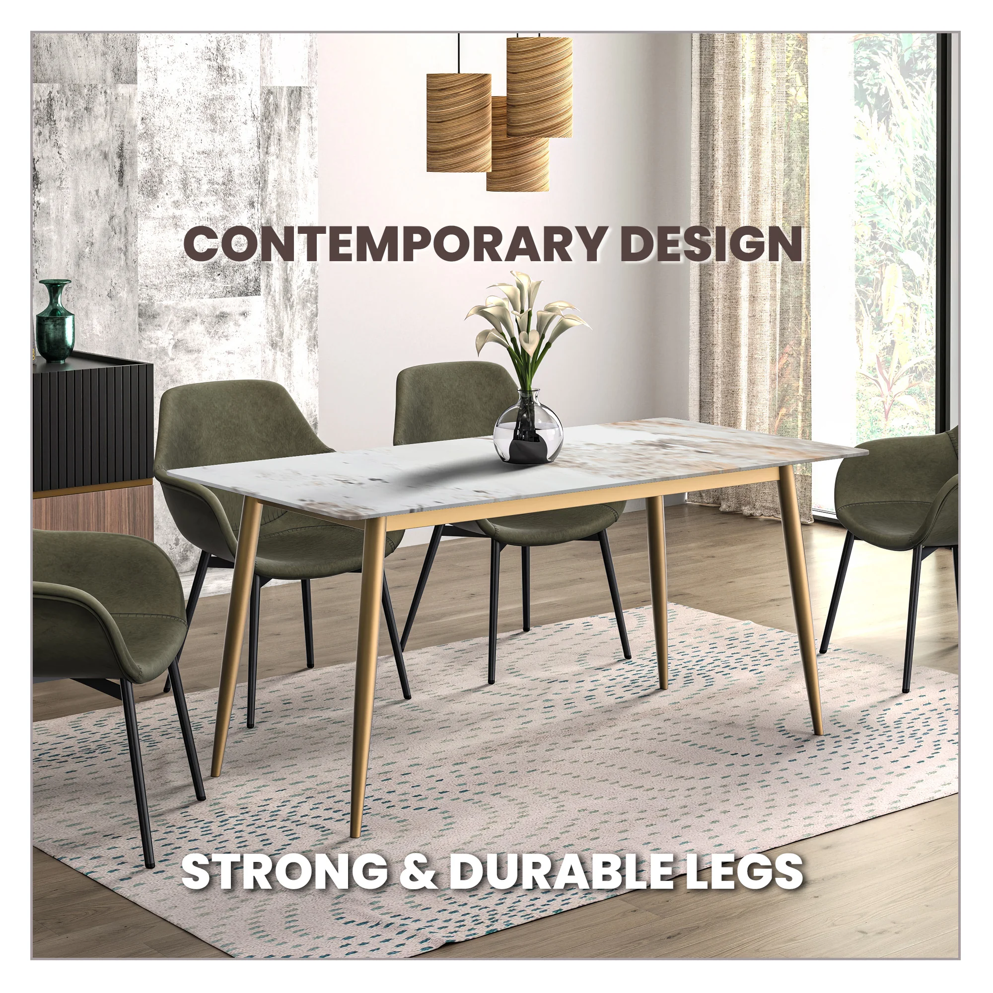 Zayle Series Modern Dining Table Brushed Gold Base, With 62 White Grey Sintered Stone Top