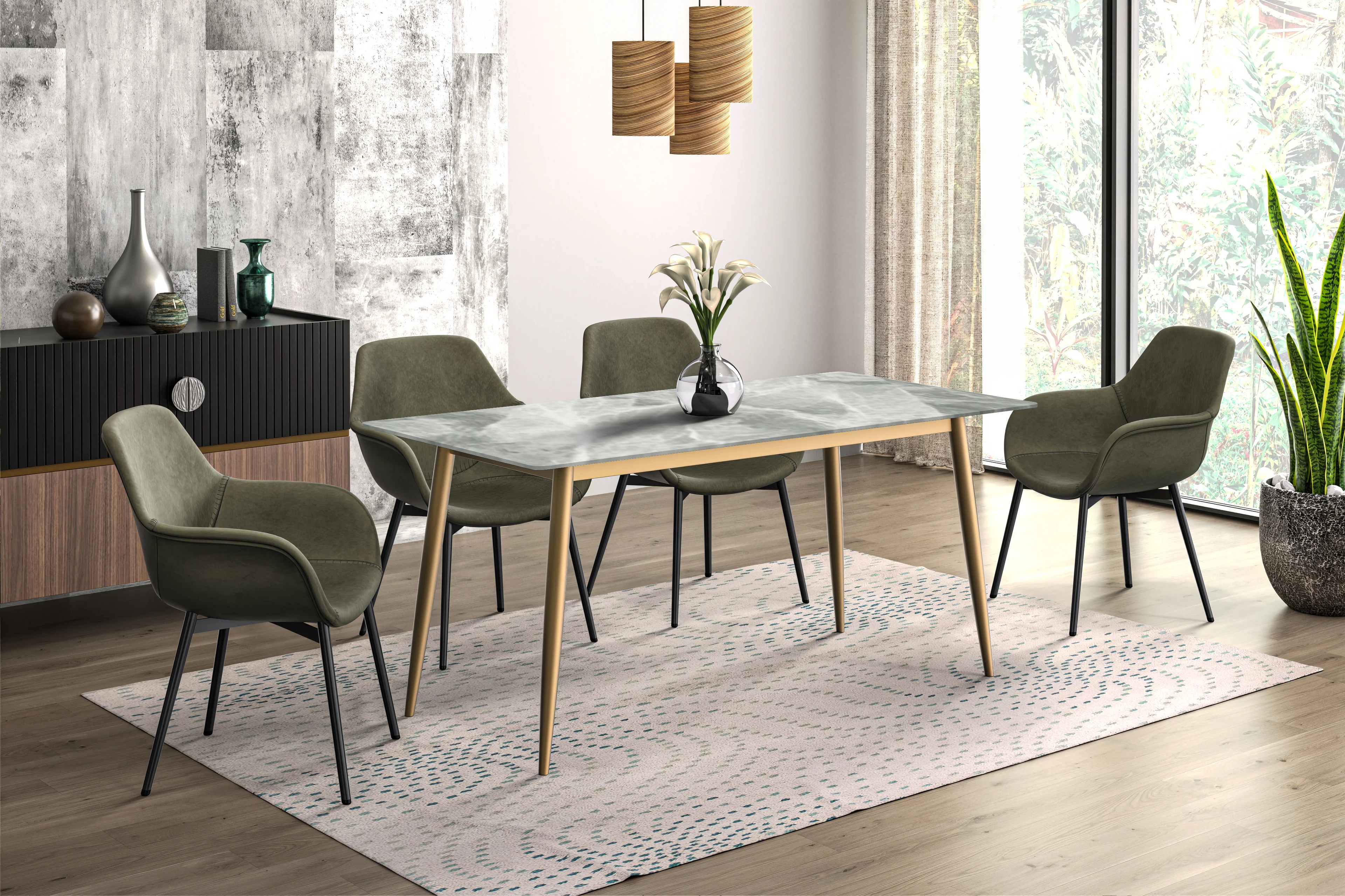 Zayle Series Modern Dining Table Brushed Gold Base, With 62 Light Grey Sintered Stone Top