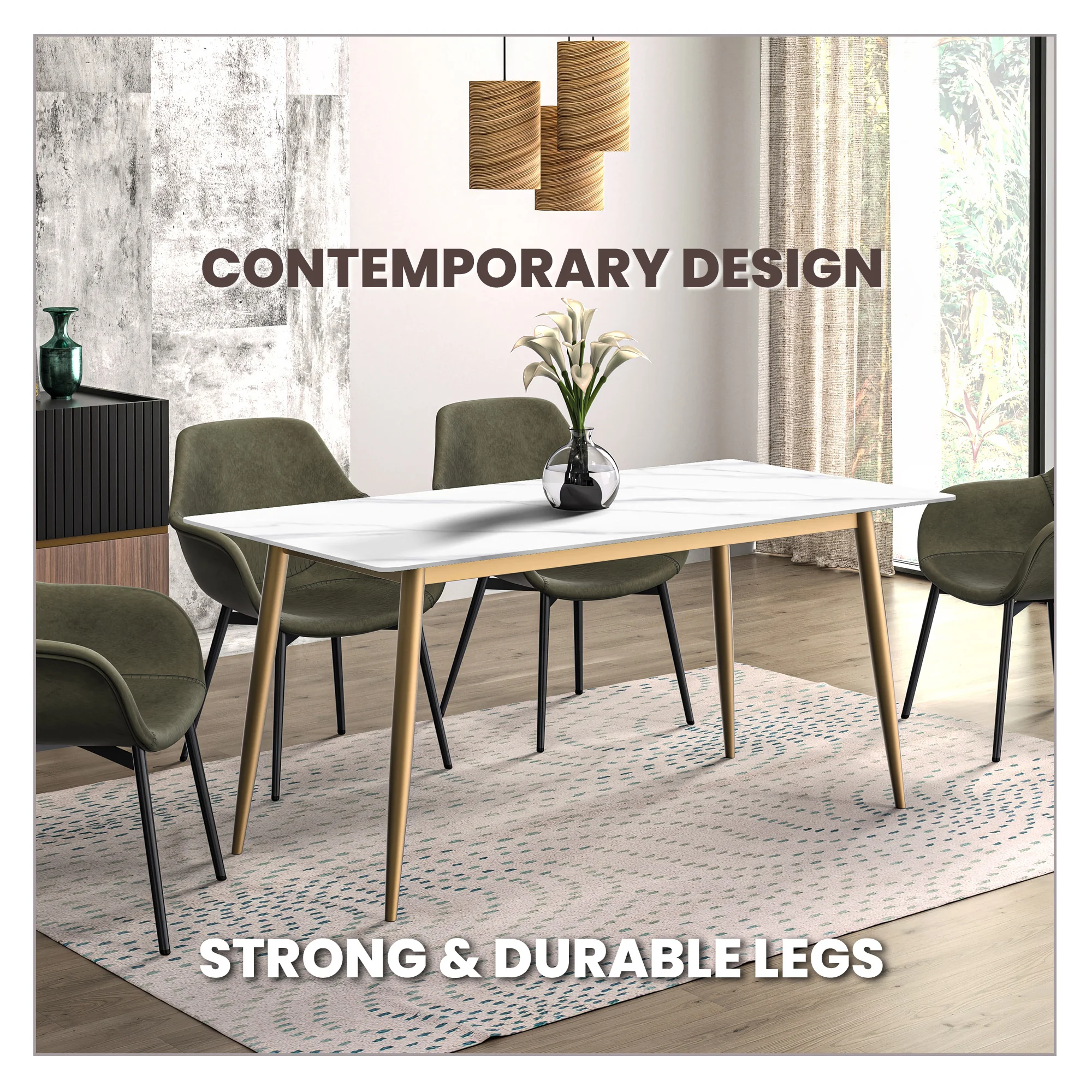 Zayle Series Modern Dining Table Brushed Gold Base, With 62 White Sintered Stone Top