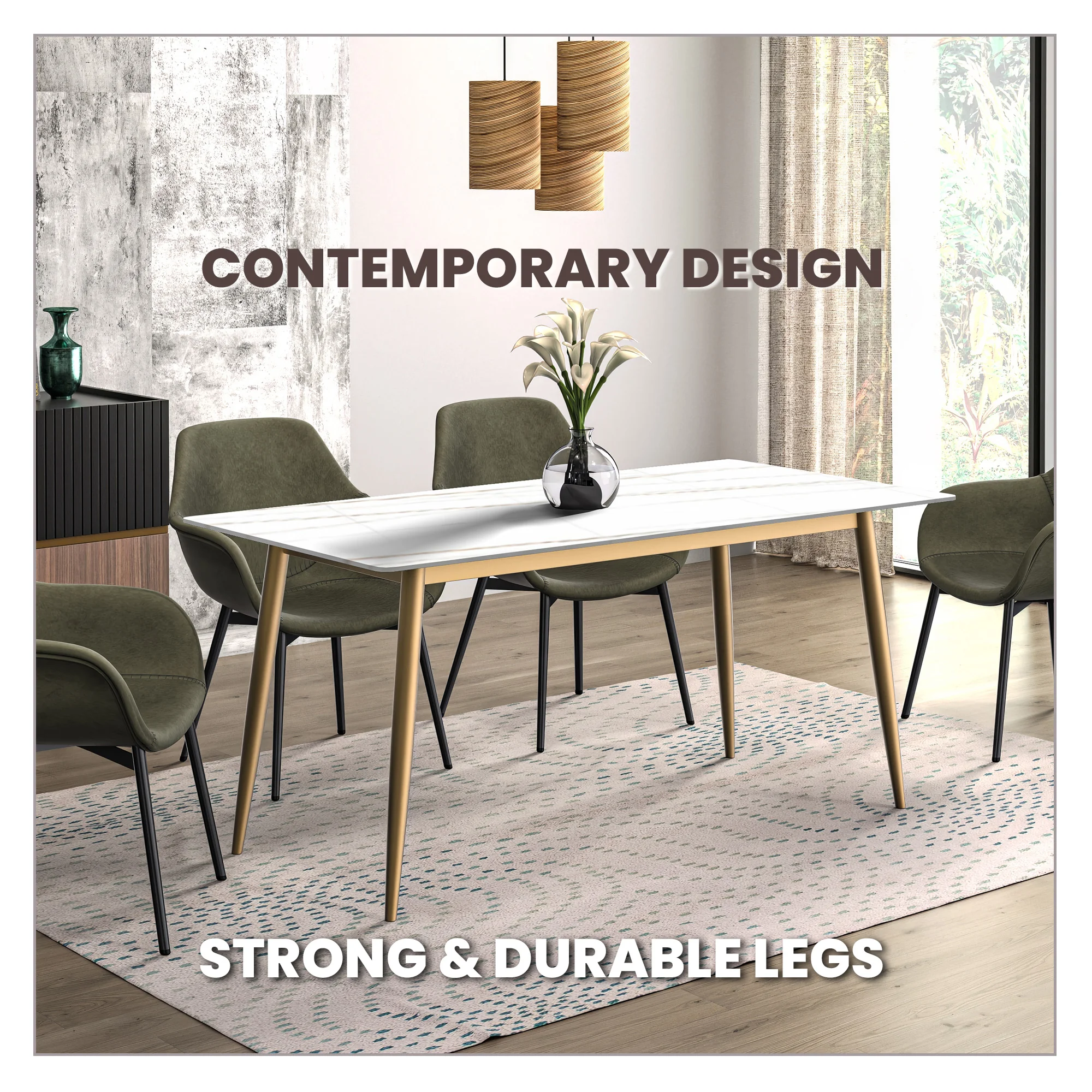 Zayle Series Modern Dining Table Brushed Gold Base, With 62 White/Gold Sintered Stone Top