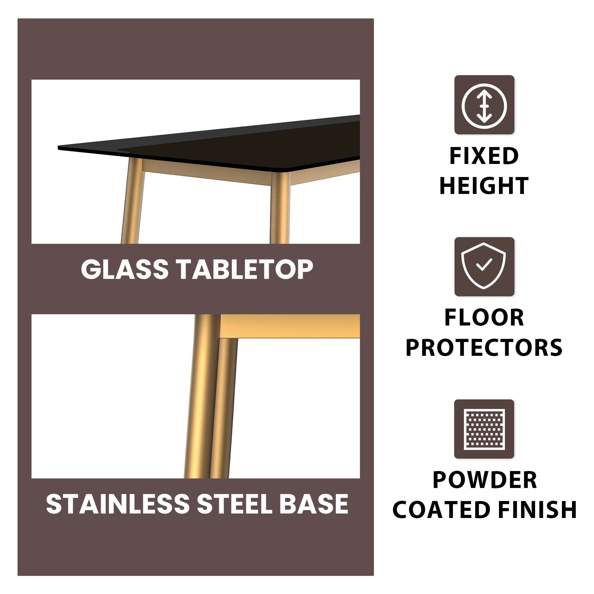 Zayle Series Modern Dining Table Brushed Gold Base, With 71 Black Glass Top