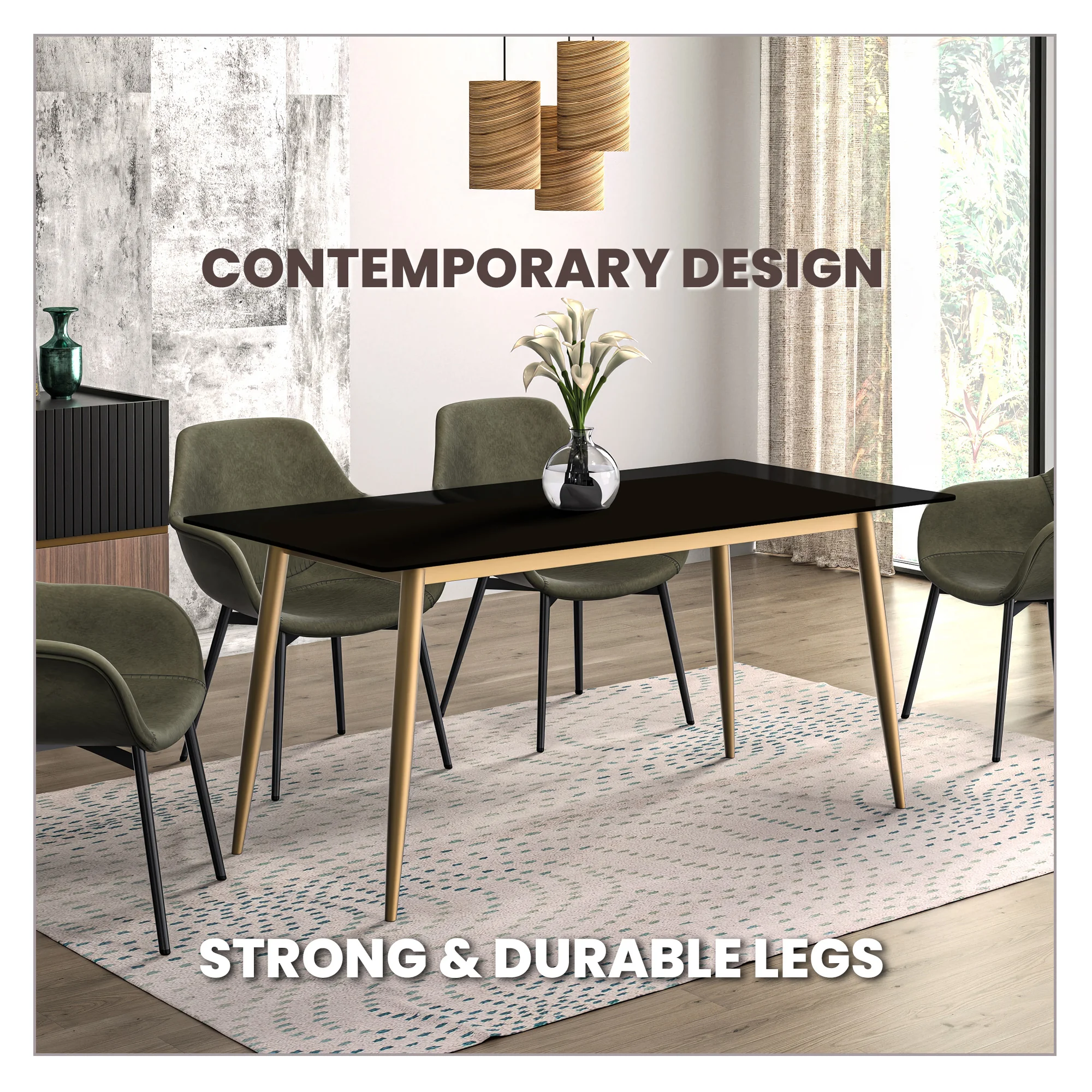 Zayle Series Modern Dining Table Brushed Gold Base, With 71 Black Glass Top