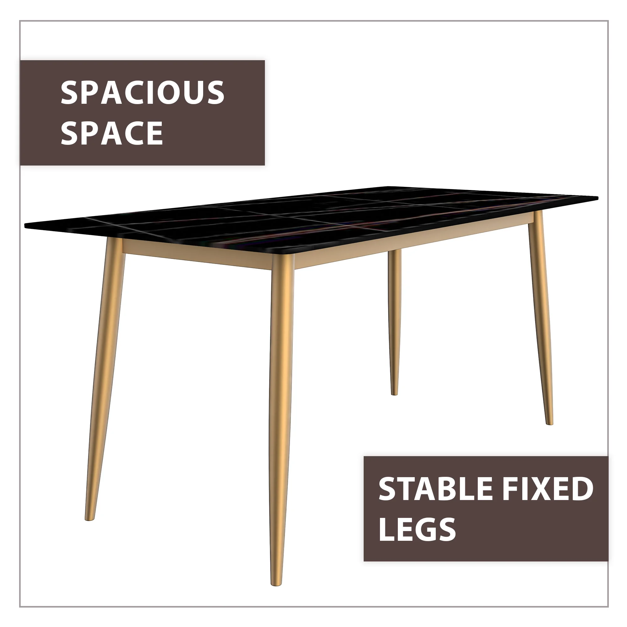 Zayle Series Modern Dining Table Brushed Gold Base, With 71 Black/Gold Sintered Stone Top