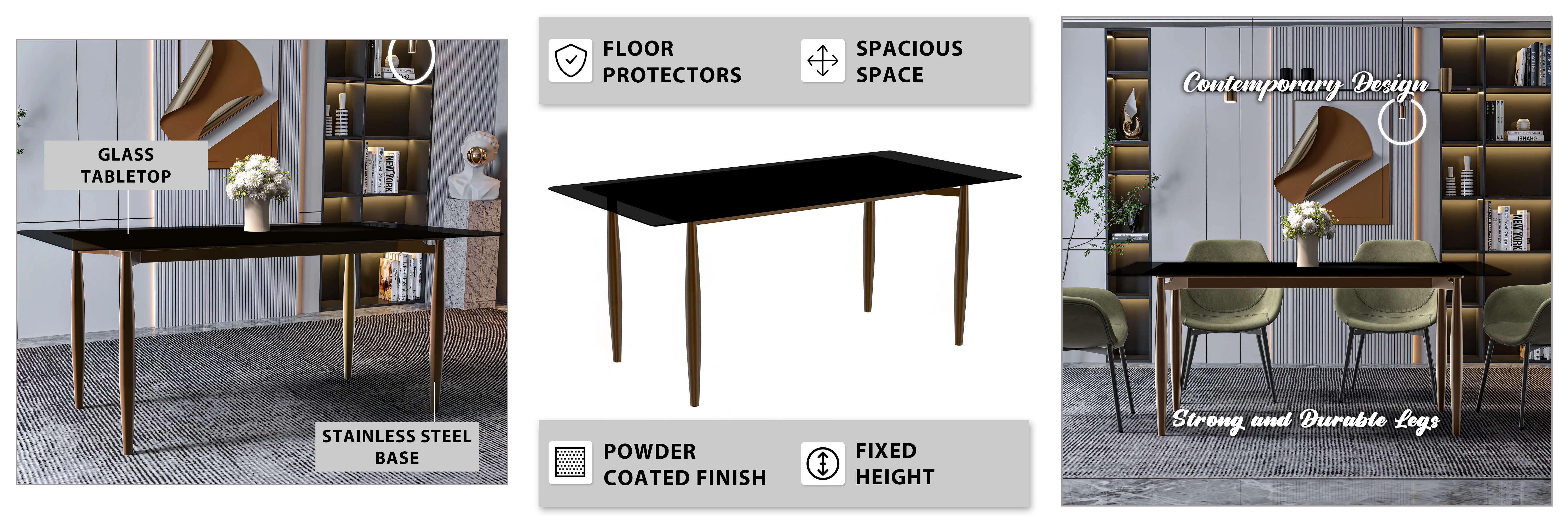 Zinti Series Modern Dining Table Bronze Base, With 55" Black Glass Top