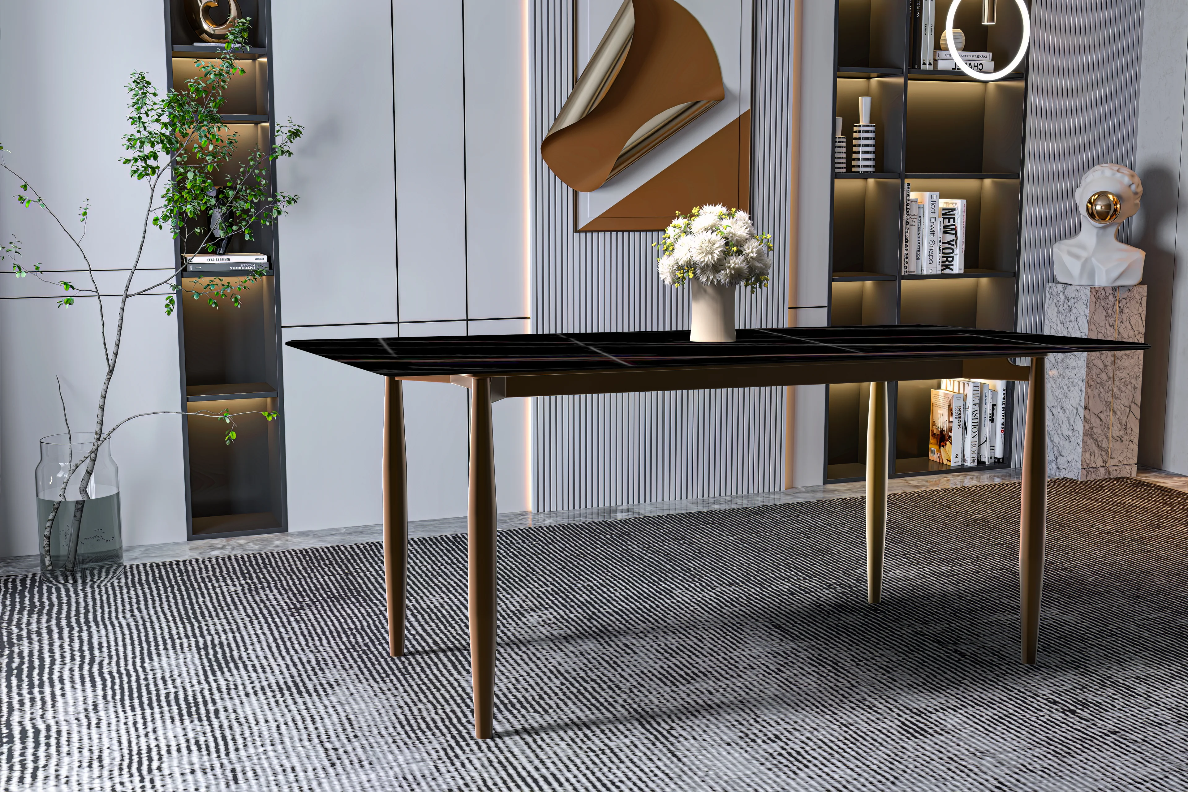 Zinti Series Modern Dining Table Bronze Base, With 55" Black/Gold Sintered Stone Top