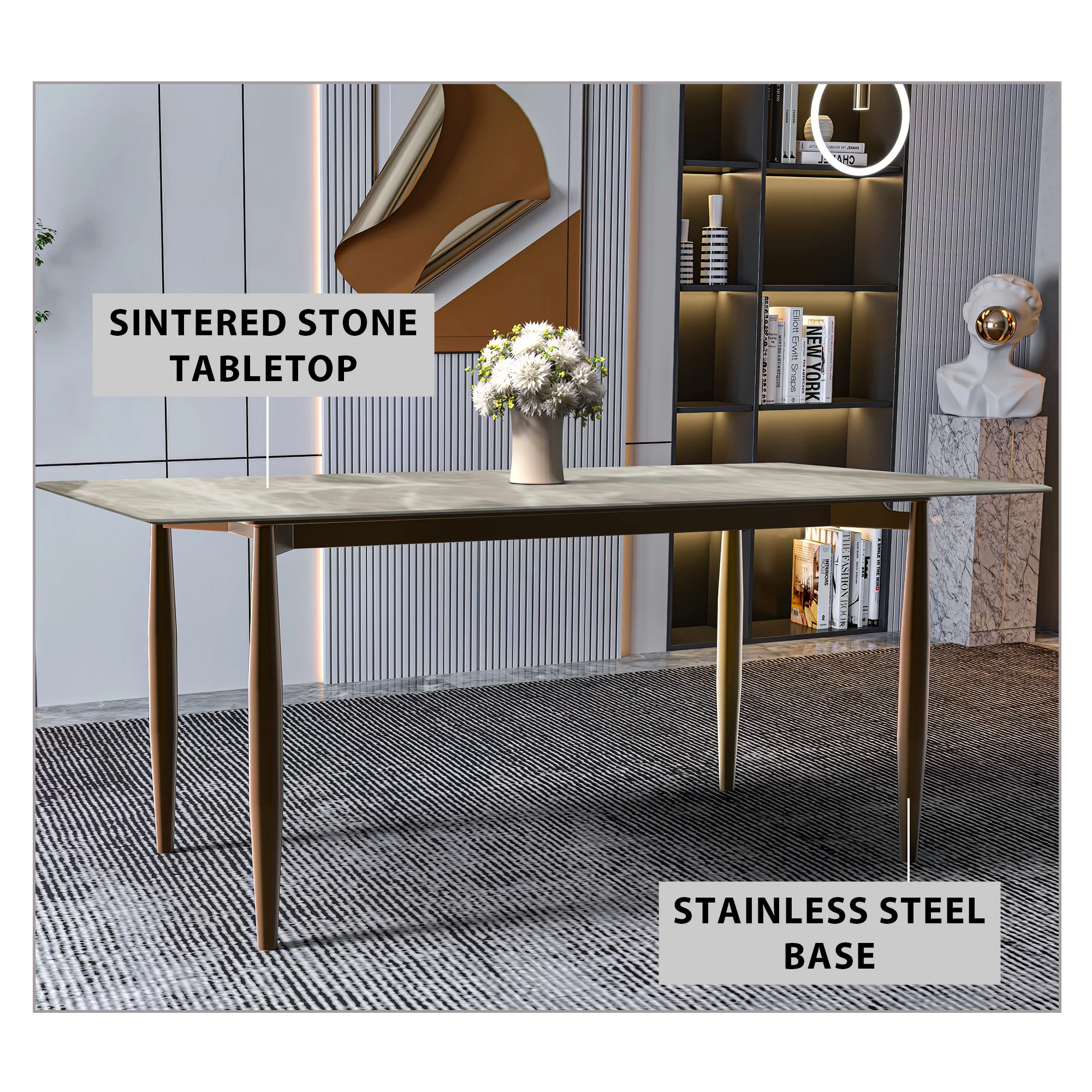 Zinti Series Modern Dining Table Bronze Base, With 55" Deep Grey Sintered Stone Top