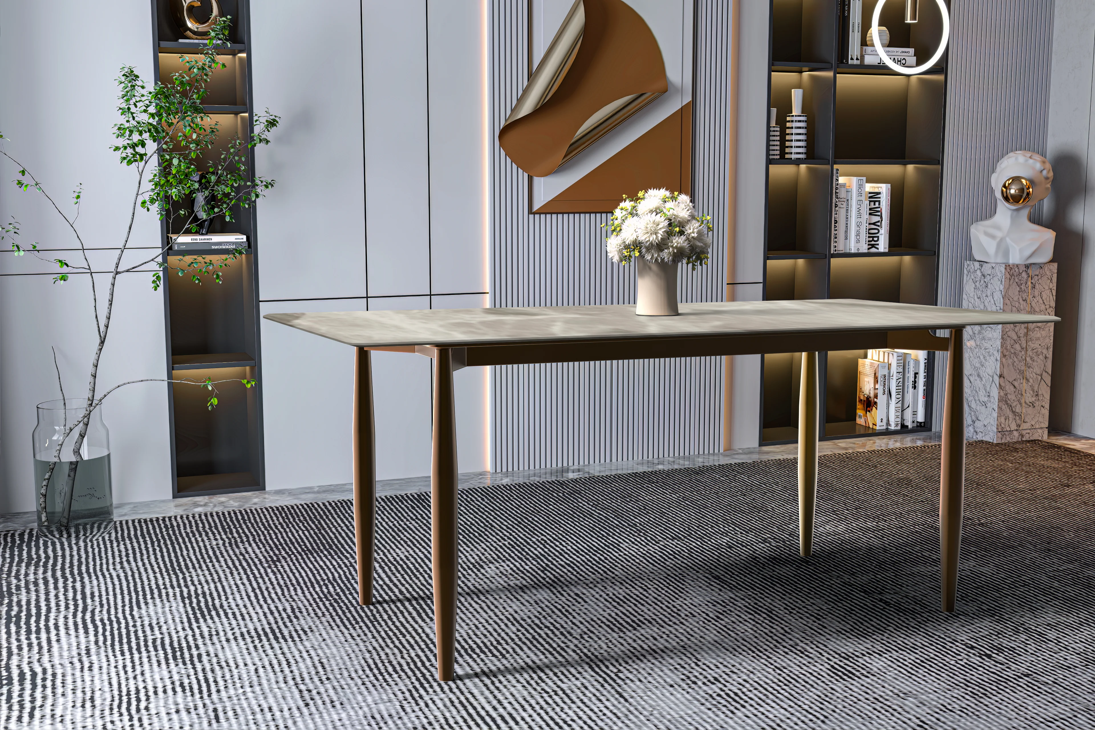 Zinti Series Modern Dining Table Bronze Base, With 55" Deep Grey Sintered Stone Top