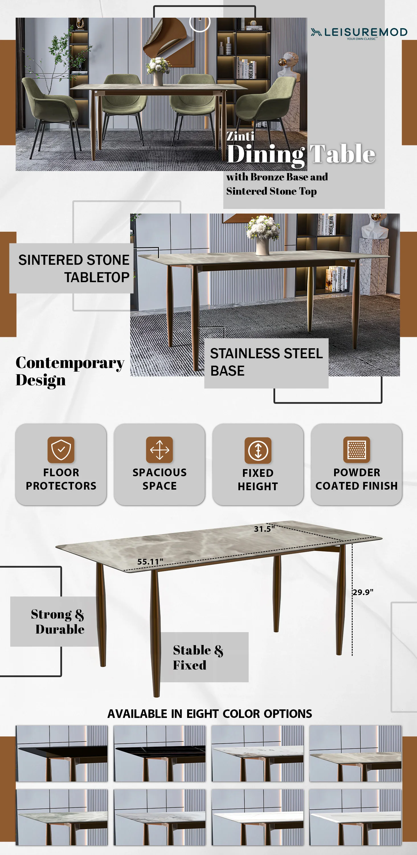 Zinti Series Modern Dining Table Bronze Base, With 55" Deep Grey Sintered Stone Top