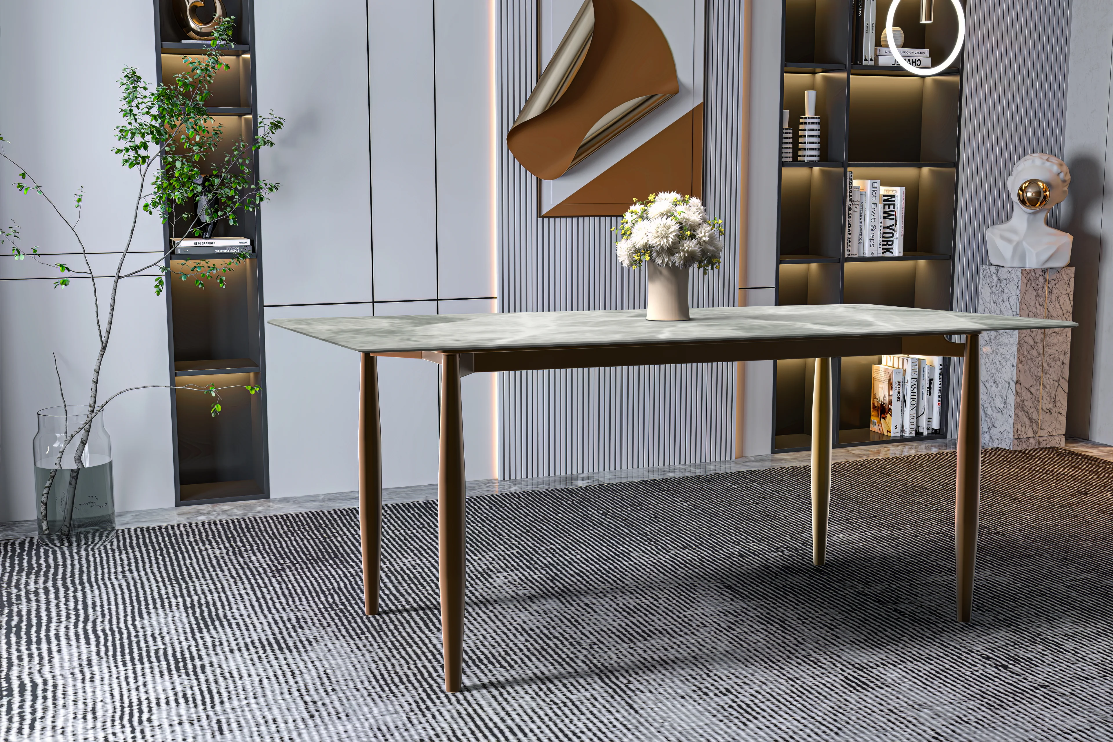 Zinti Series Modern Dining Table Bronze Base, With 55" Light Grey Sintered Stone Top