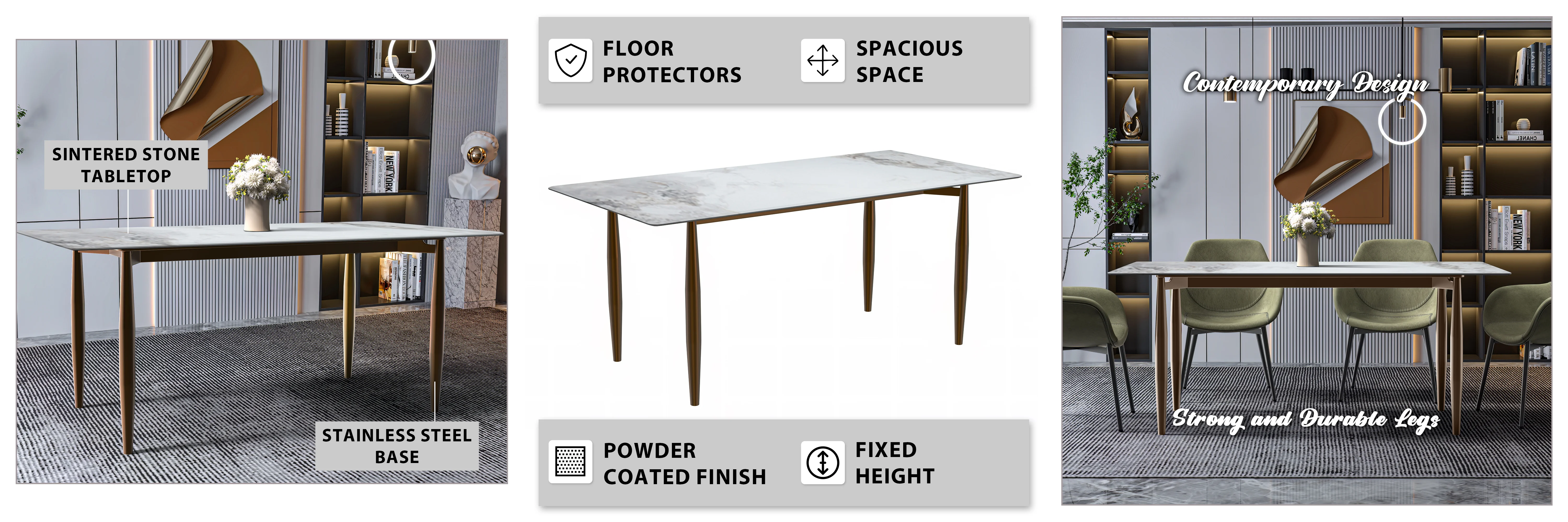 Zinti Series Modern Dining Table Bronze Base, With 55" Medium Grey Sintered Stone Top