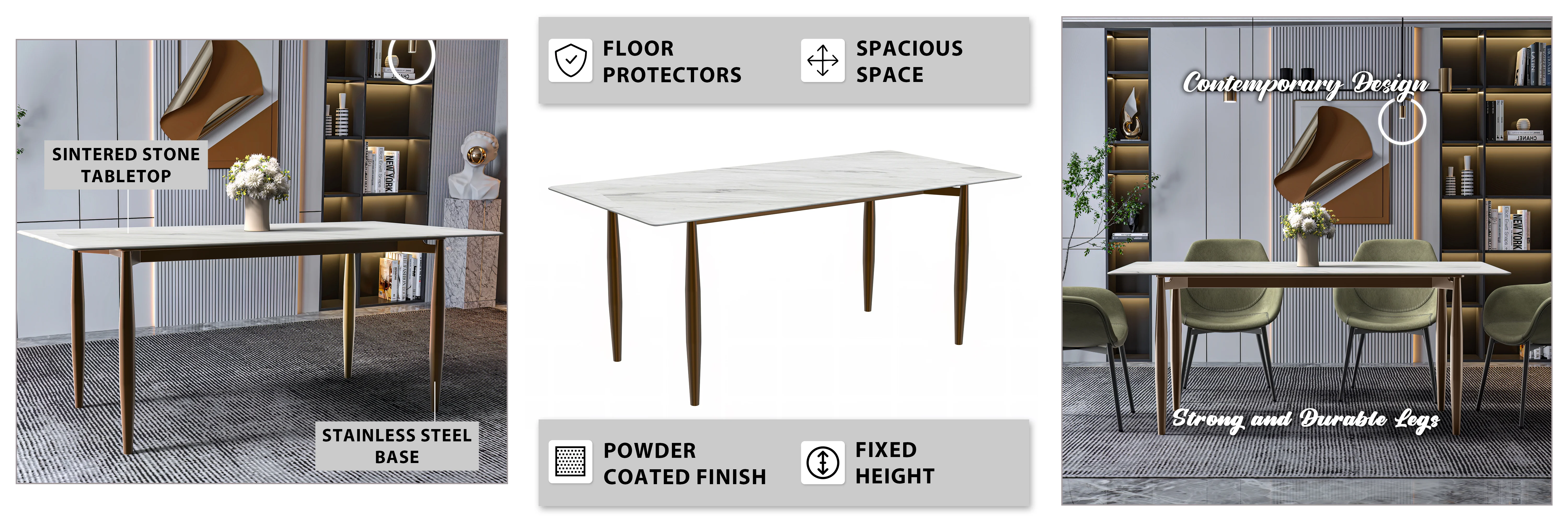 Zinti Series Modern Dining Table Bronze Base, With 55" White Sintered Stone Top