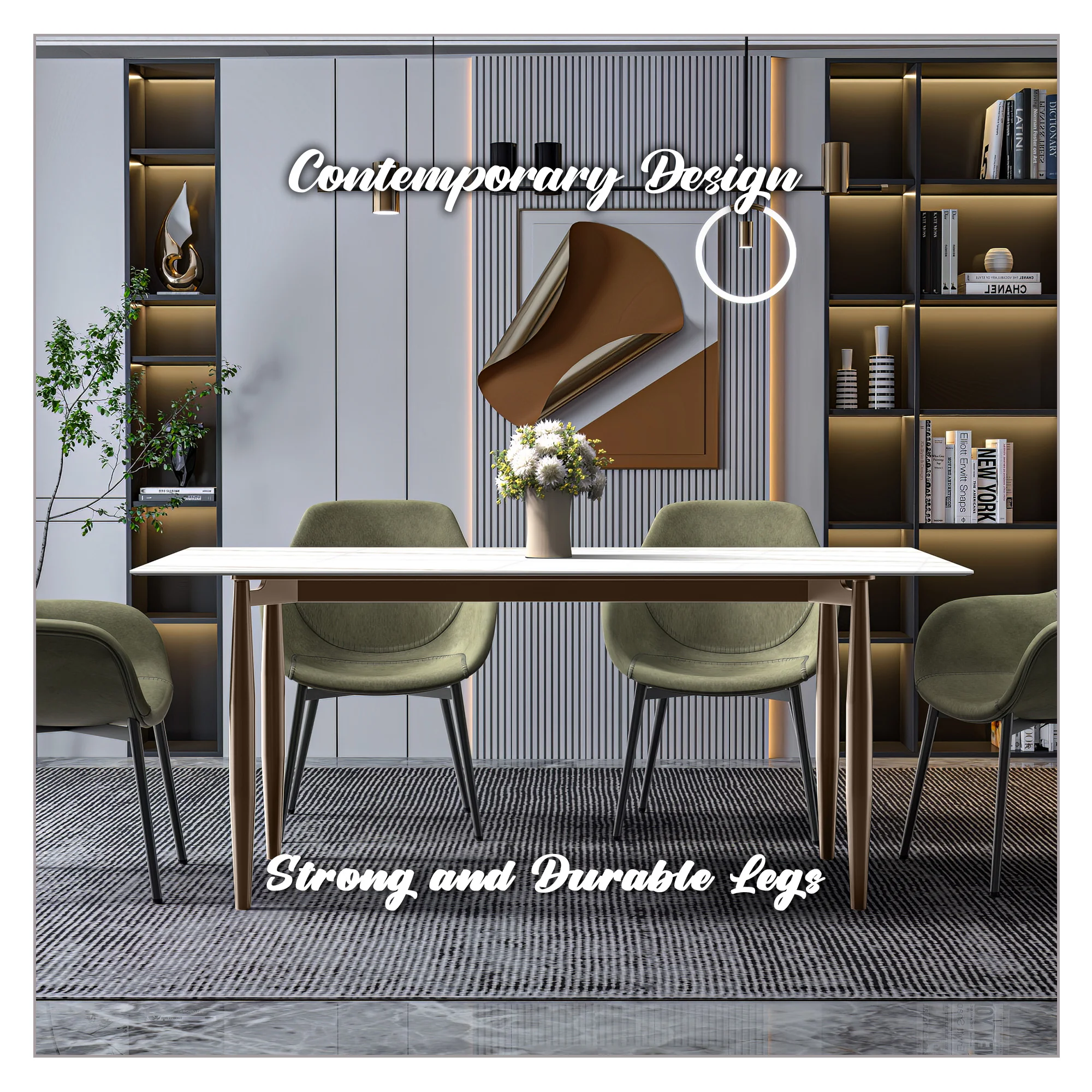 Zinti Series Modern Dining Table Bronze Base, With 55" White/Gold Sintered Stone Top