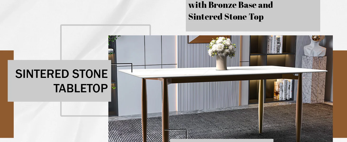 Zinti Series Modern Dining Table Bronze Base, With 55" White/Gold Sintered Stone Top