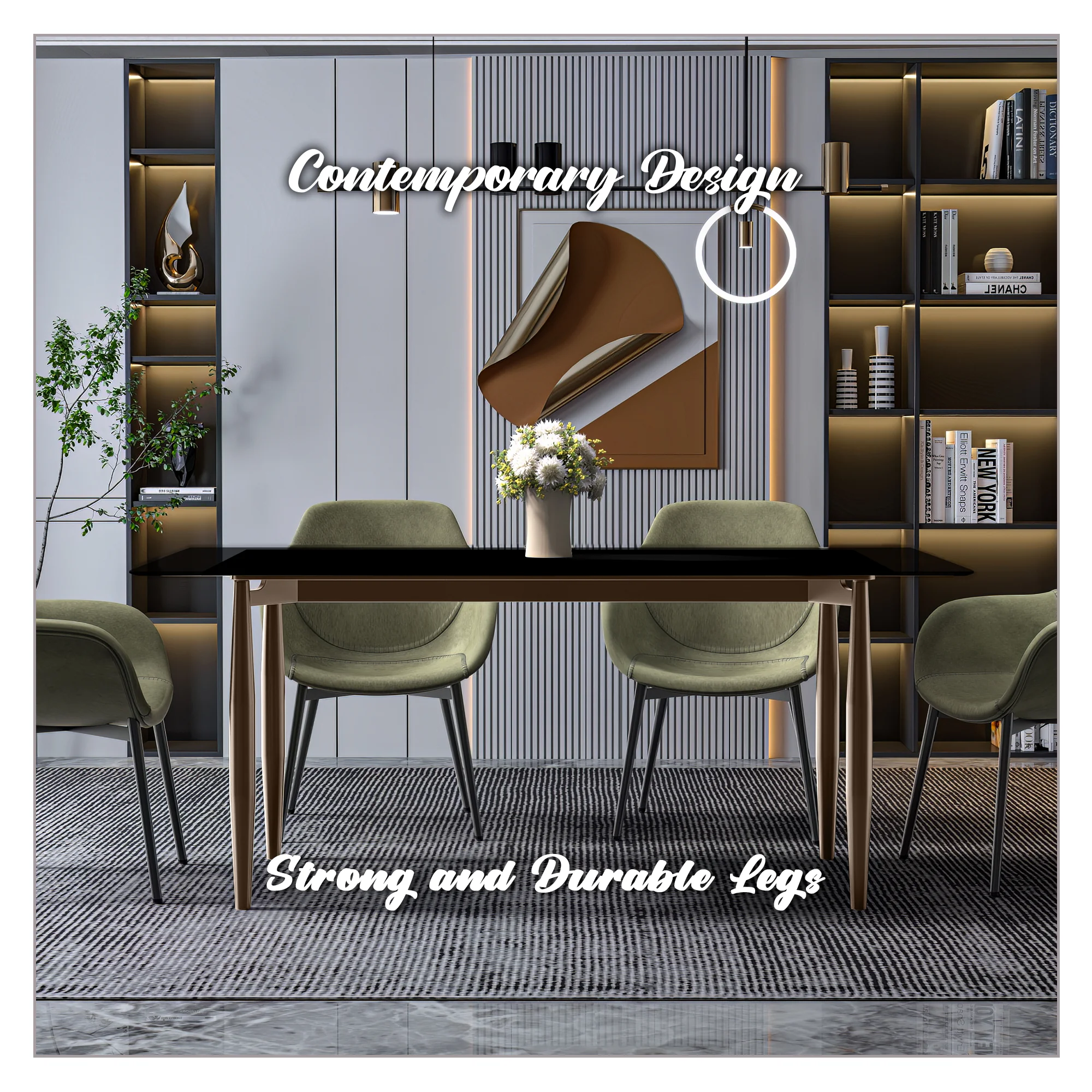 Zinti Series Modern Dining Table Bronze Base, With 62" Black Glass Top