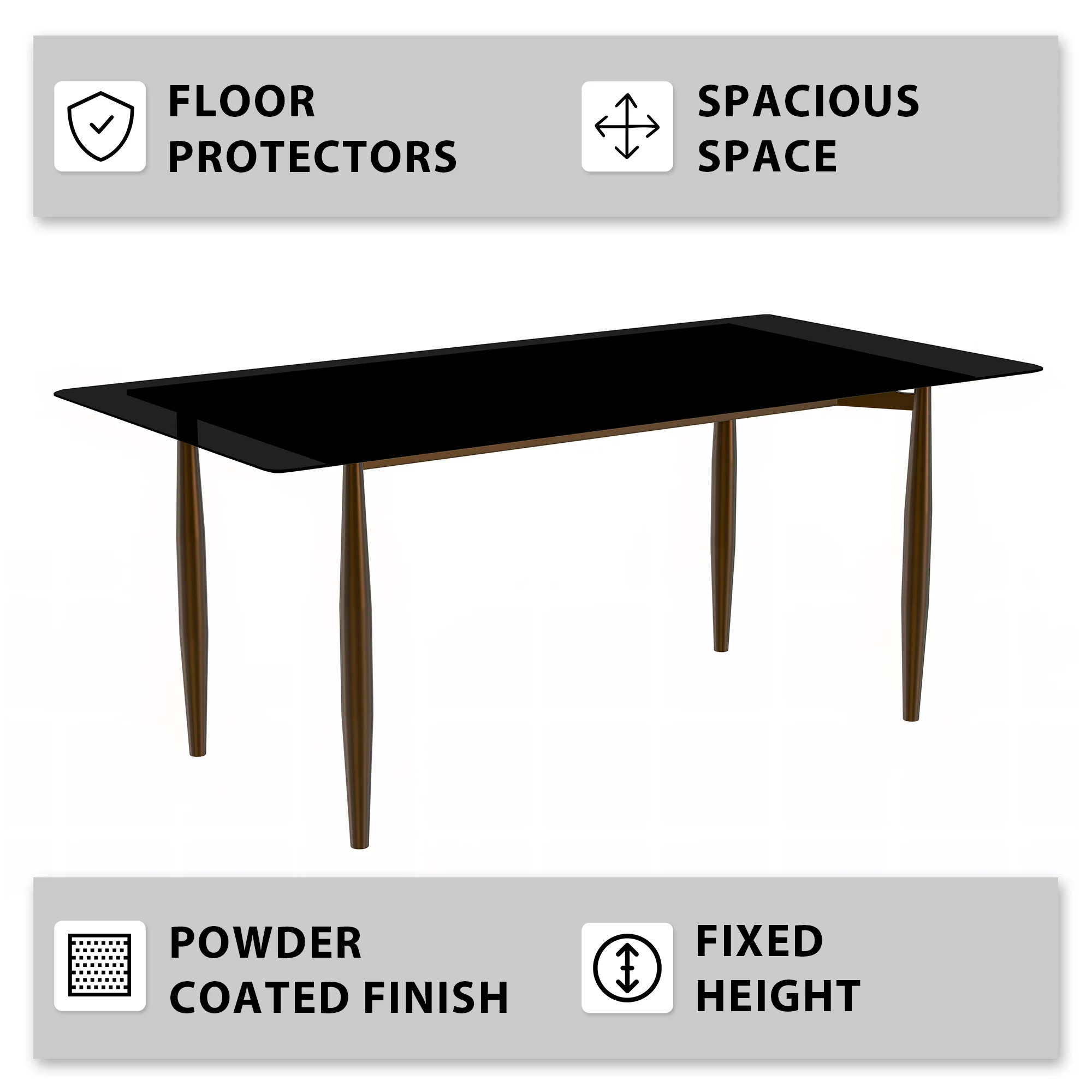 Zinti Series Modern Dining Table Bronze Base, With 62" Black Glass Top