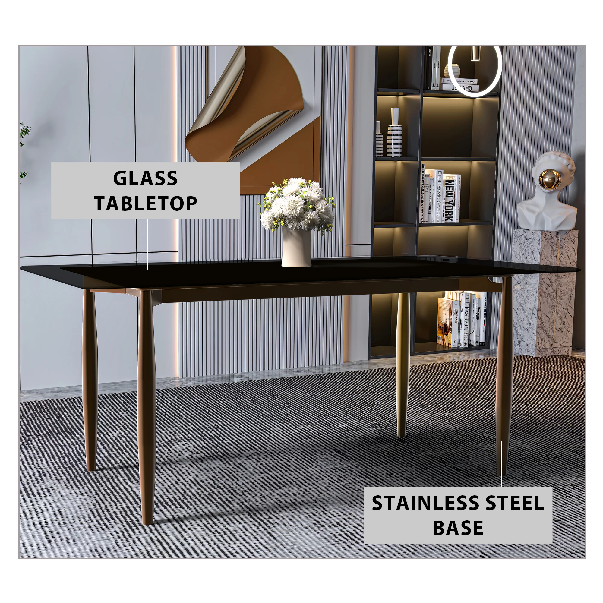Zinti Series Modern Dining Table Bronze Base, With 62" Black Glass Top
