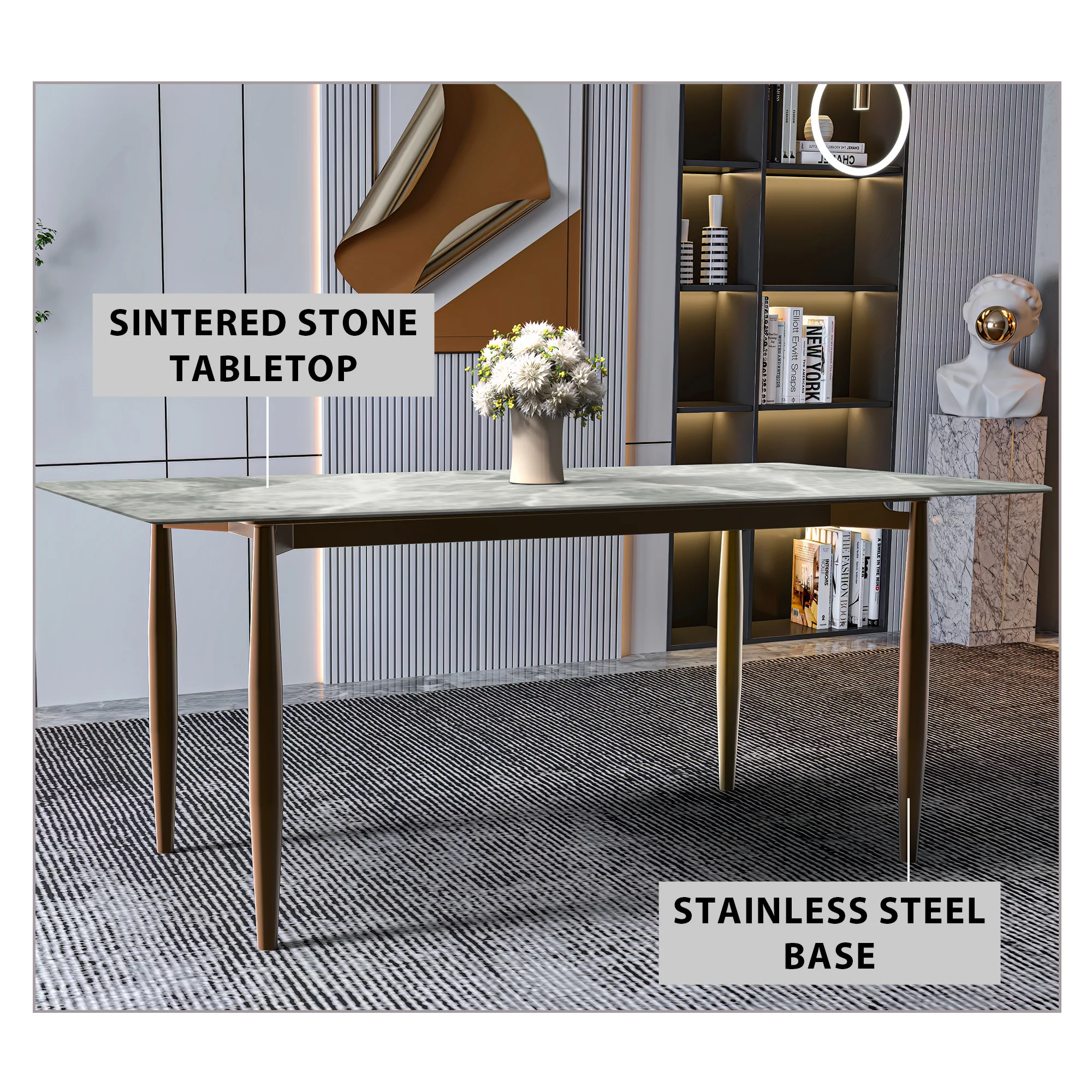 Zinti Series Modern Dining Table Bronze Base, With 62" Light Grey Sintered Stone Top