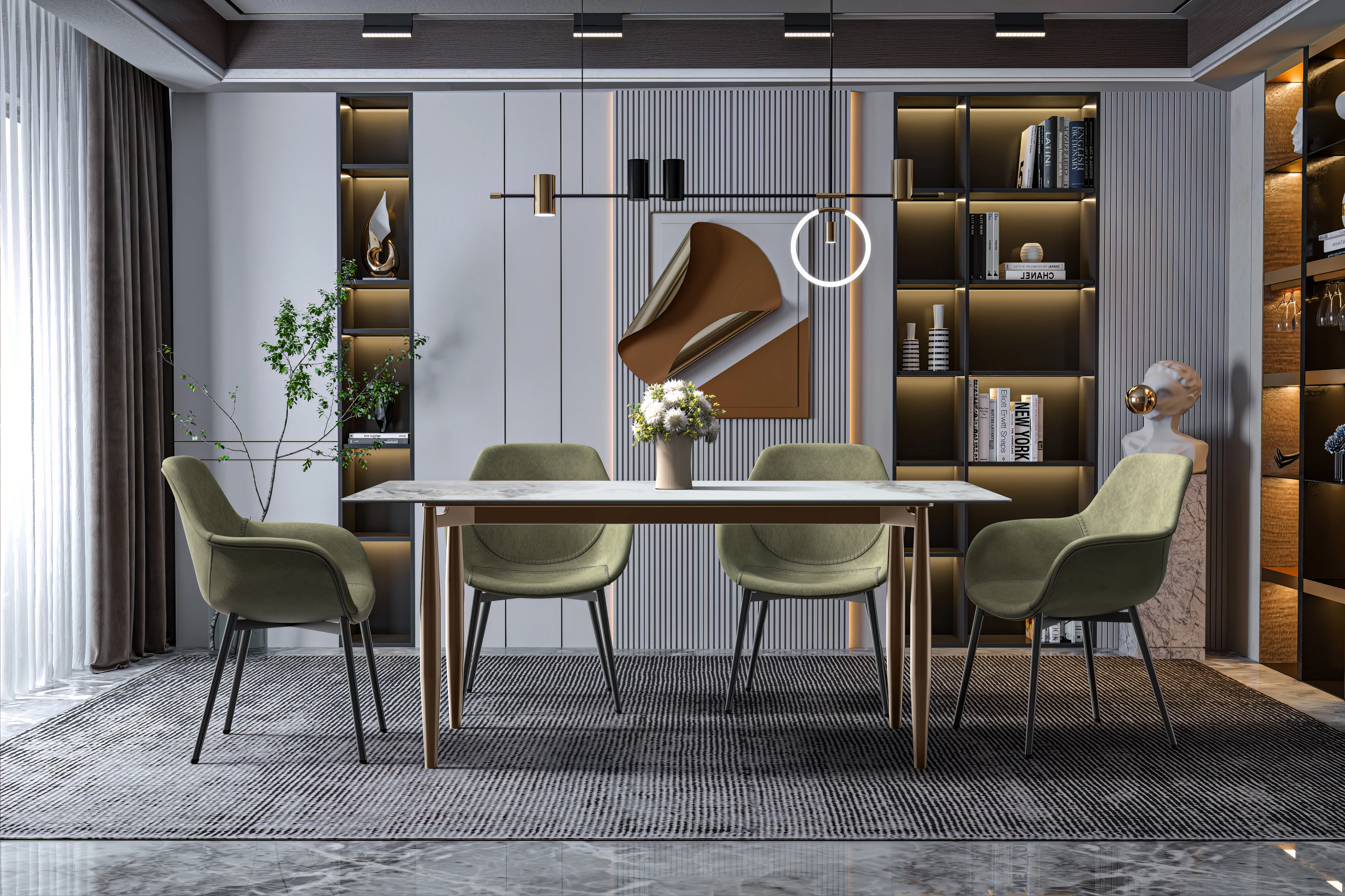 Zinti Series Modern Dining Table Bronze Base, With 62" Medium Grey Sintered Stone Top