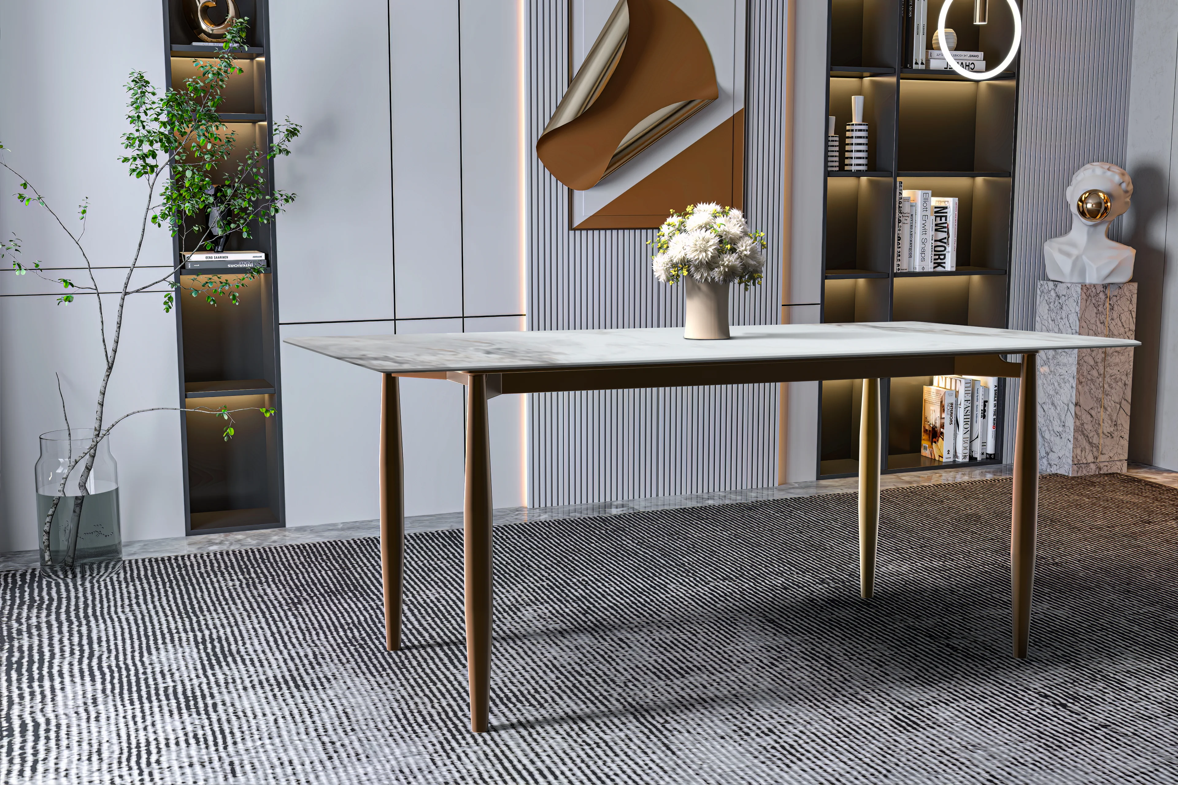 Zinti Series Modern Dining Table Bronze Base, With 62" Medium Grey Sintered Stone Top