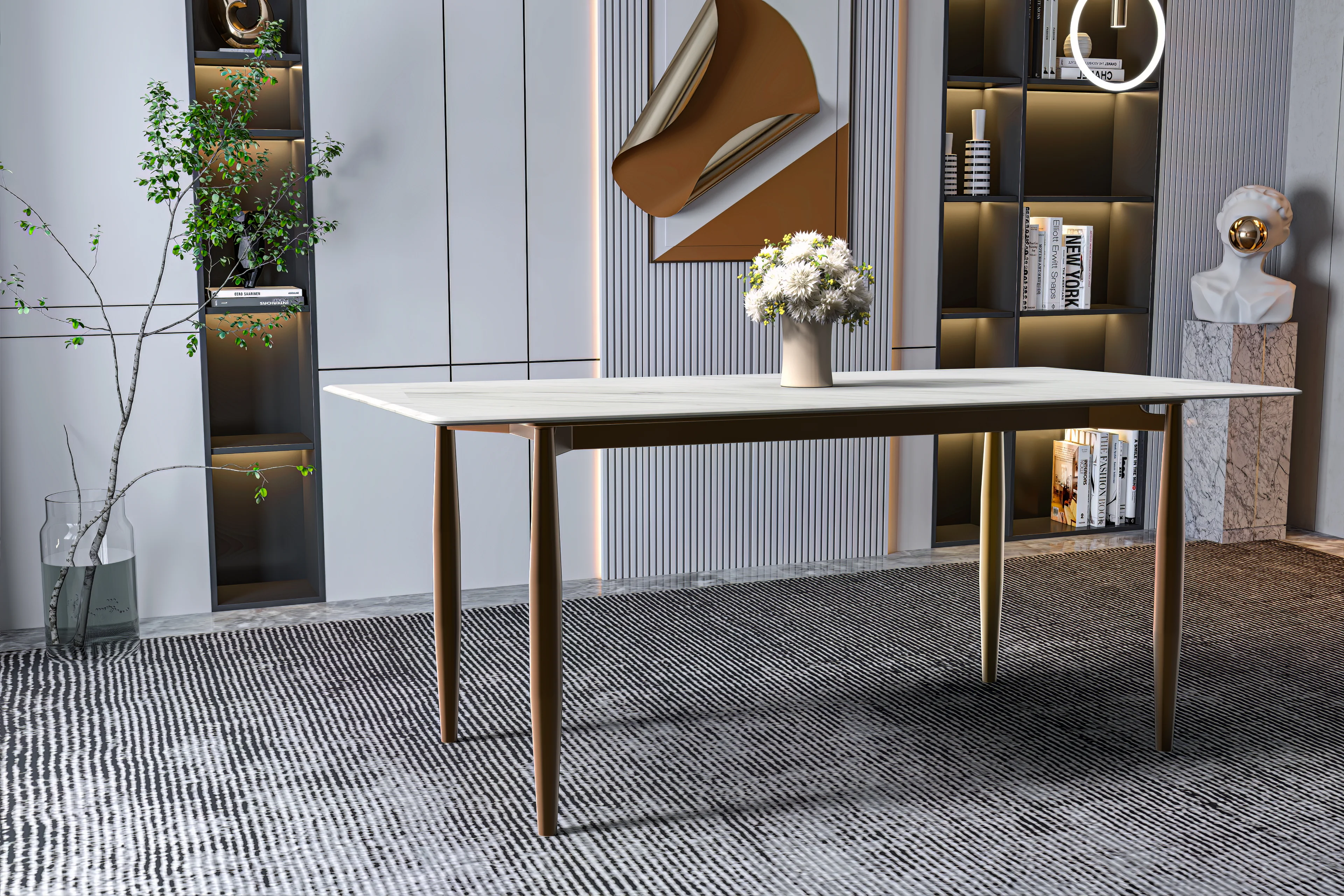 Zinti Series Modern Dining Table Bronze Base, With 62" White Sintered Stone Top