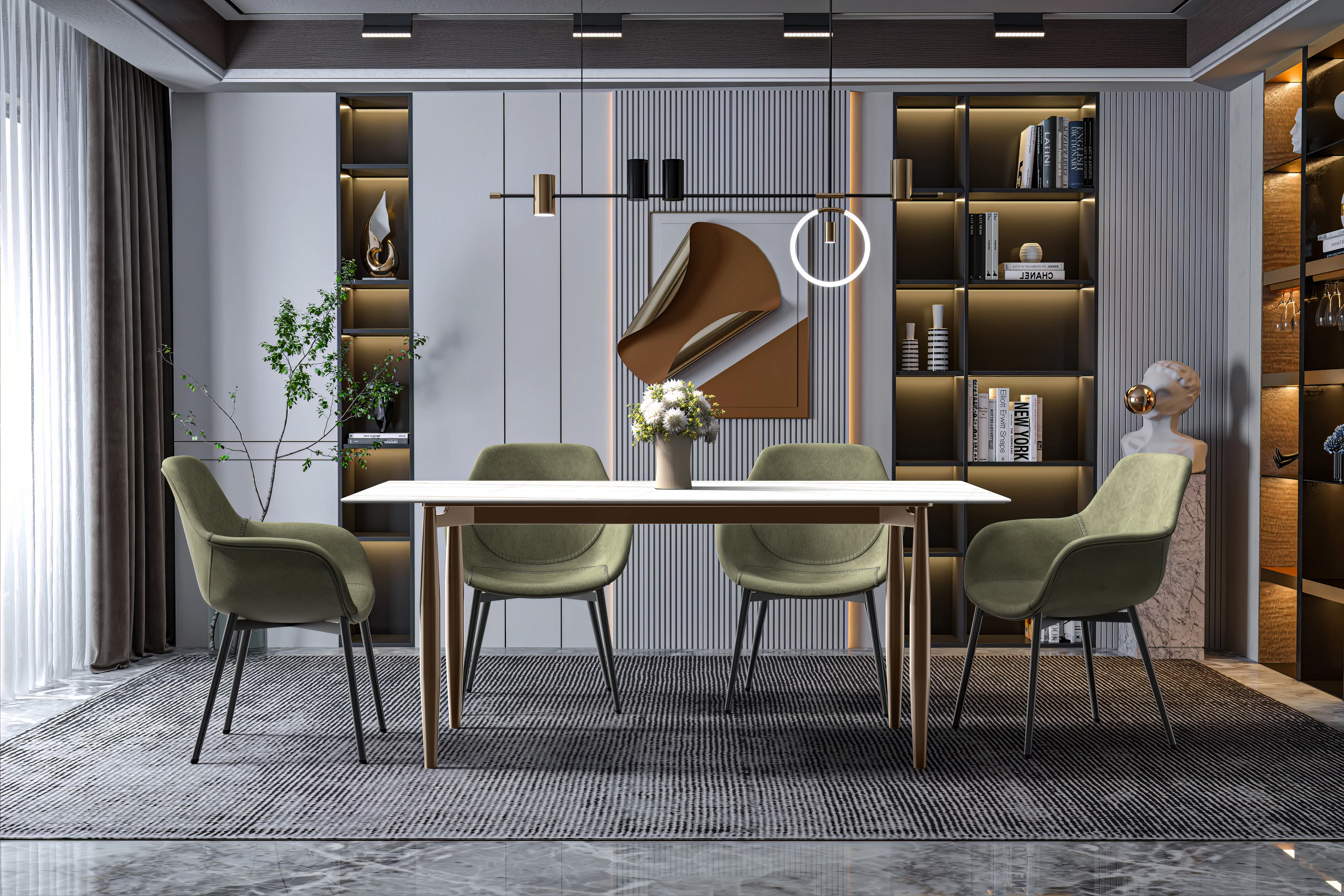 Zinti Series Modern Dining Table Bronze Base, With 62" White/Gold Sintered Stone Top