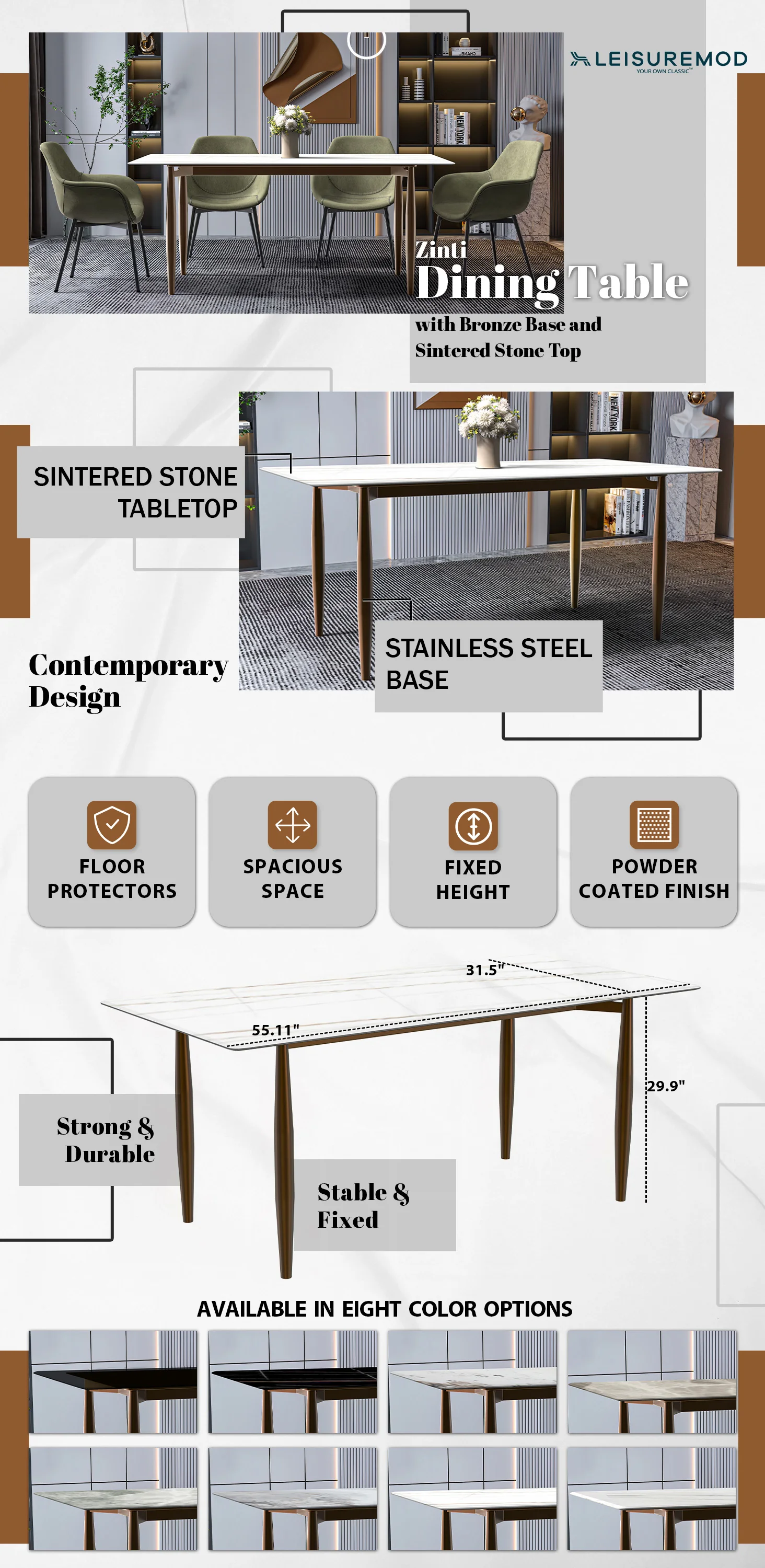 Zinti Series Modern Dining Table Bronze Base, With 62" White/Gold Sintered Stone Top