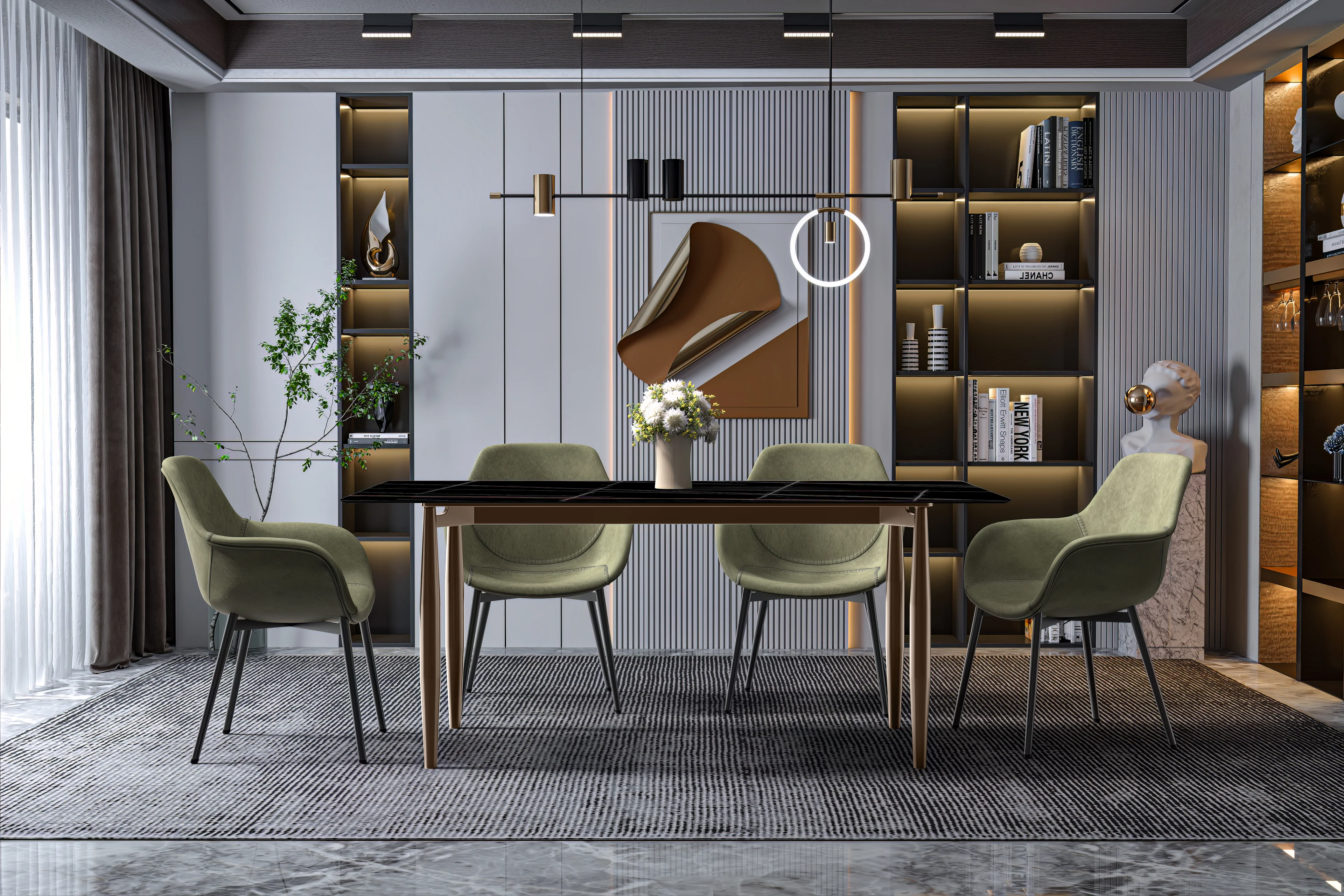 Zinti Series Modern Dining Table Bronze Base, With 71" Black/Gold Sintered Stone Top