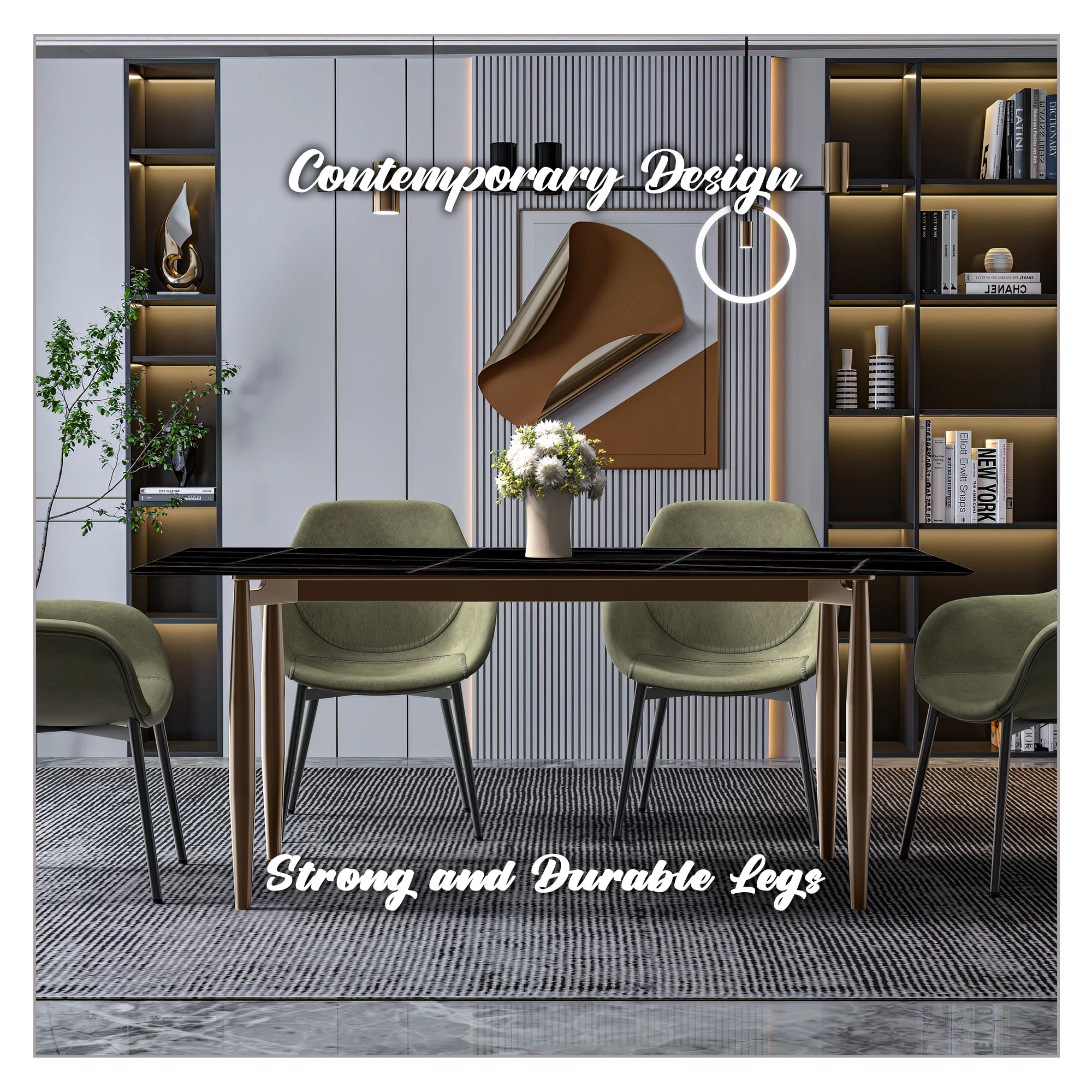 Zinti Series Modern Dining Table Bronze Base, With 71" Black/Gold Sintered Stone Top