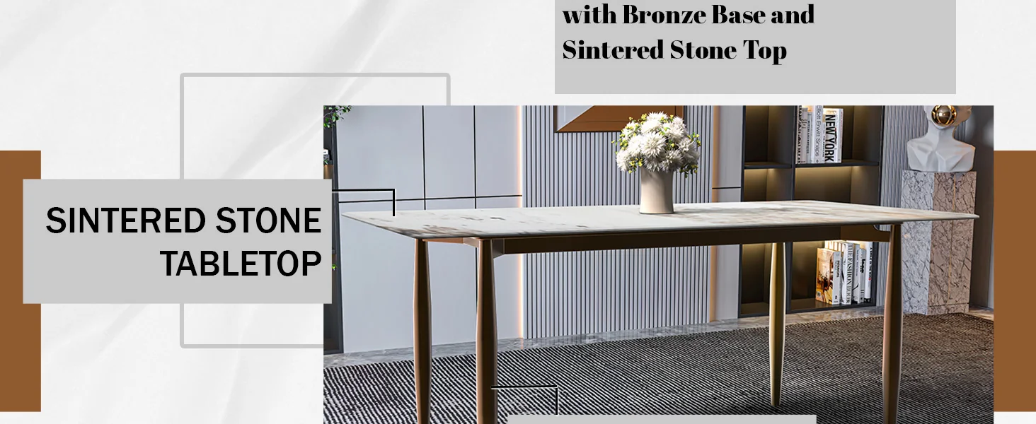 Zinti Series Modern Dining Table Bronze Base, With 71" White Grey Sintered Stone Top