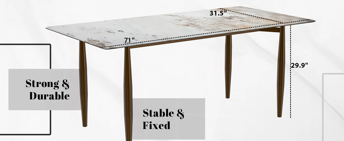 Zinti Series Modern Dining Table Bronze Base, With 71" White Grey Sintered Stone Top