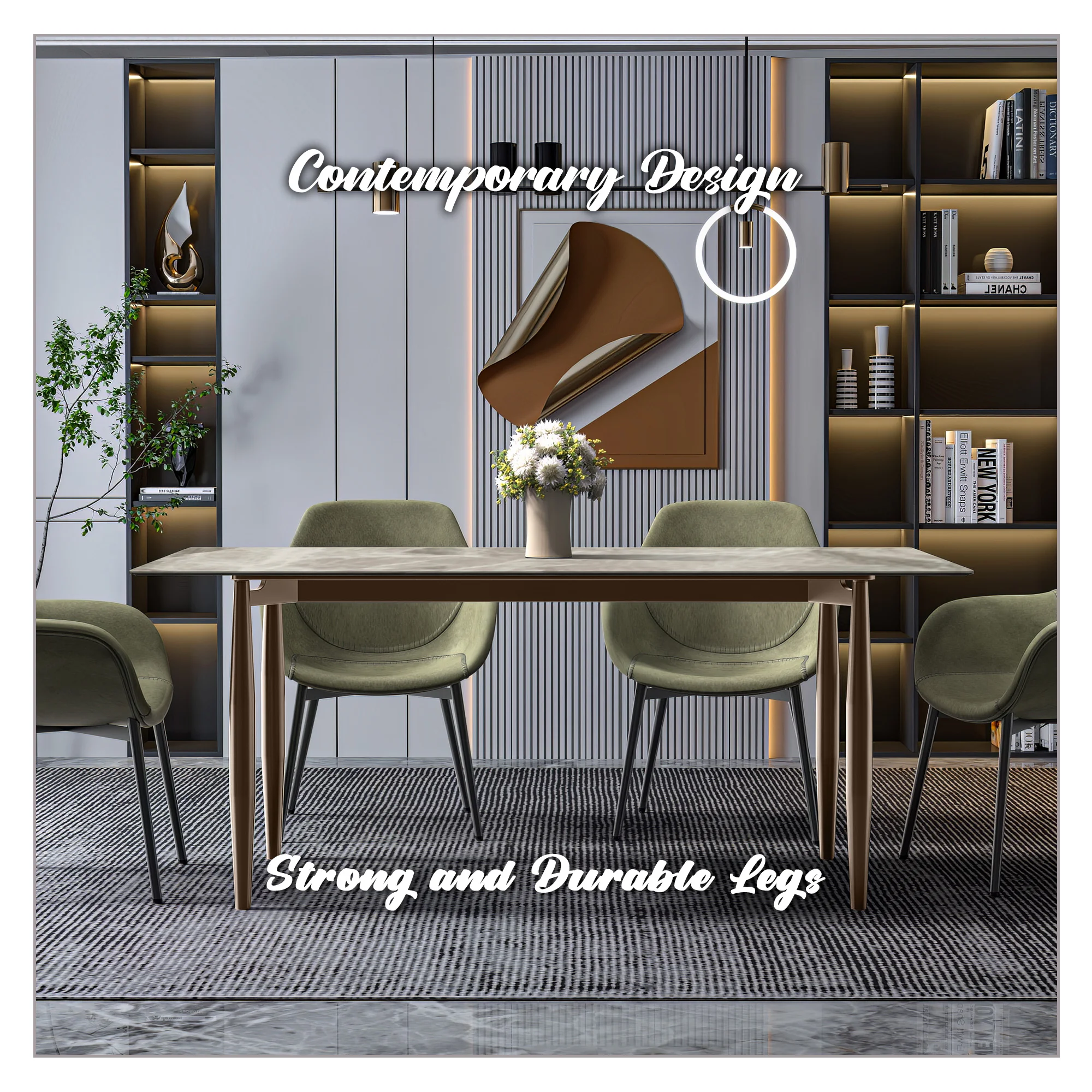 Zinti Series Modern Dining Table Bronze Base, With 71" Deep Grey Sintered Stone Top