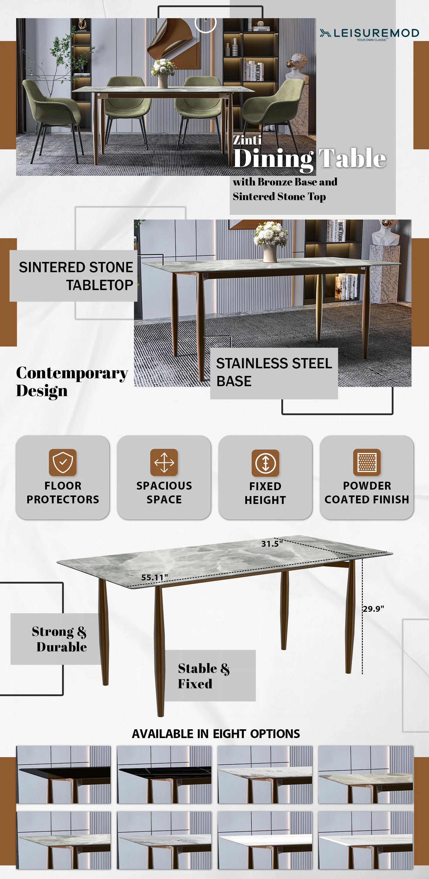 Zinti Series Modern Dining Table Bronze Base, With 71" Light Grey Sintered Stone Top