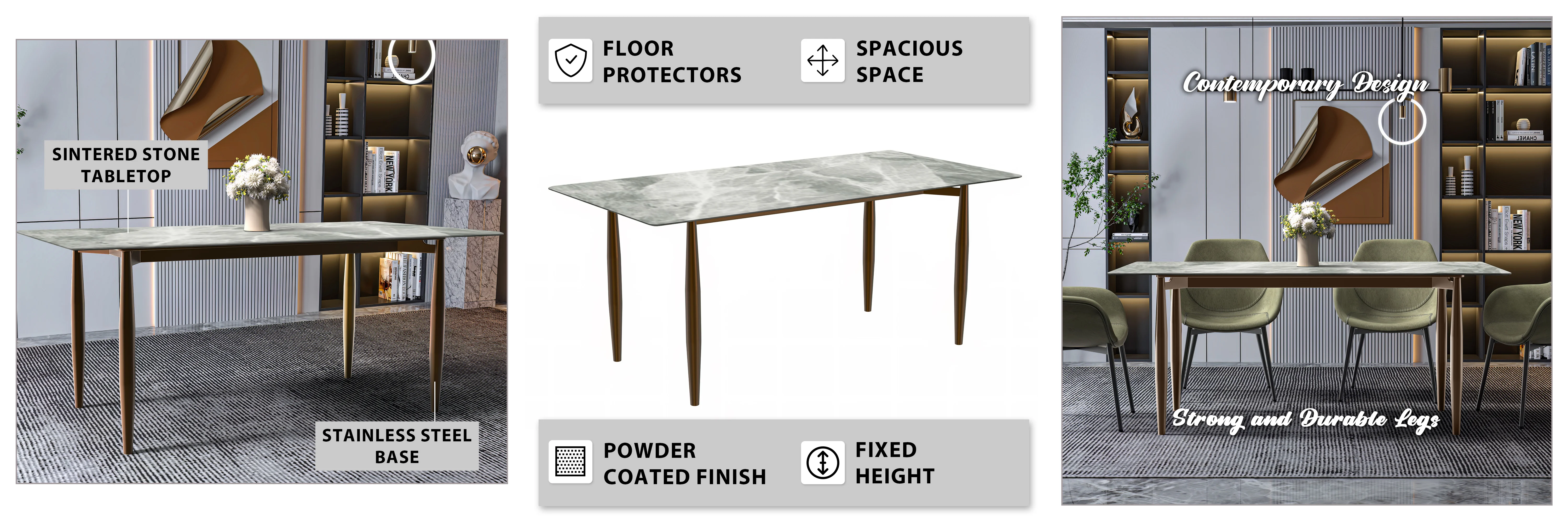 Zinti Series Modern Dining Table Bronze Base, With 71" Light Grey Sintered Stone Top