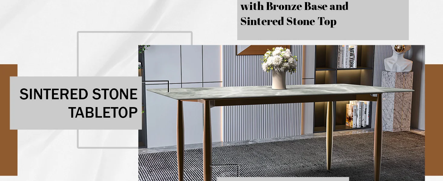 Zinti Series Modern Dining Table Bronze Base, With 71" Light Grey Sintered Stone Top