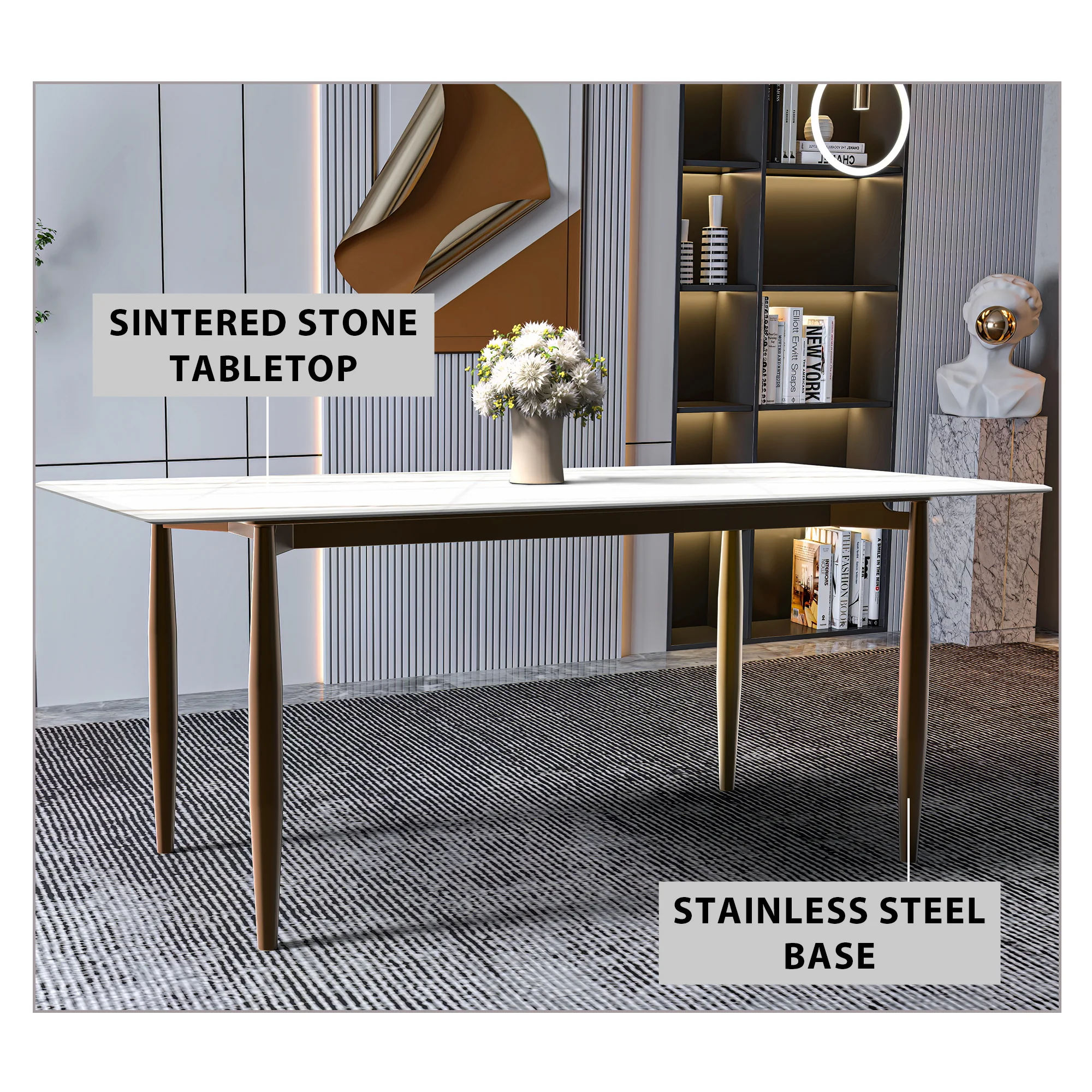 Zinti Series Modern Dining Table Bronze Base, With 71" White/Gold Sintered Stone Top