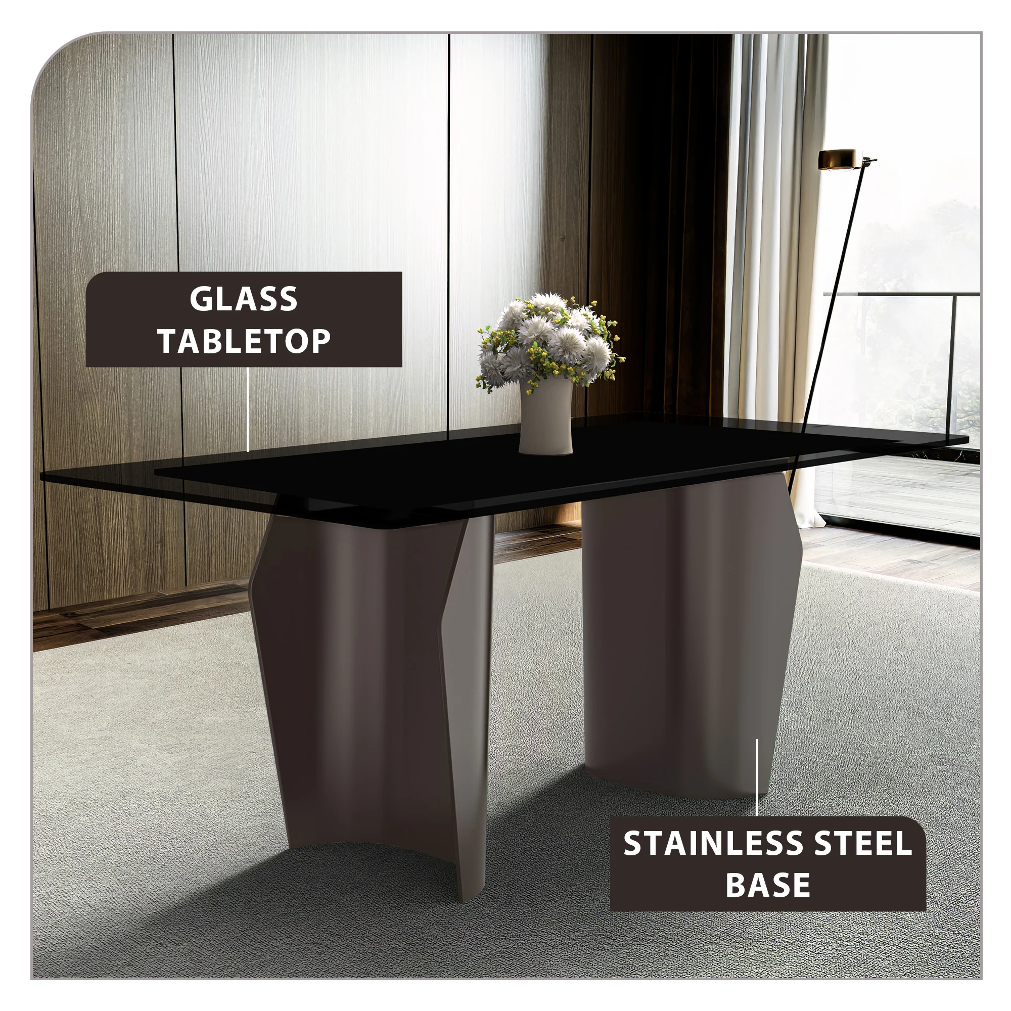 Zelan Series Modern Dining Table Champagne Gold Stainless steel Base, With 55" Black Glass Top