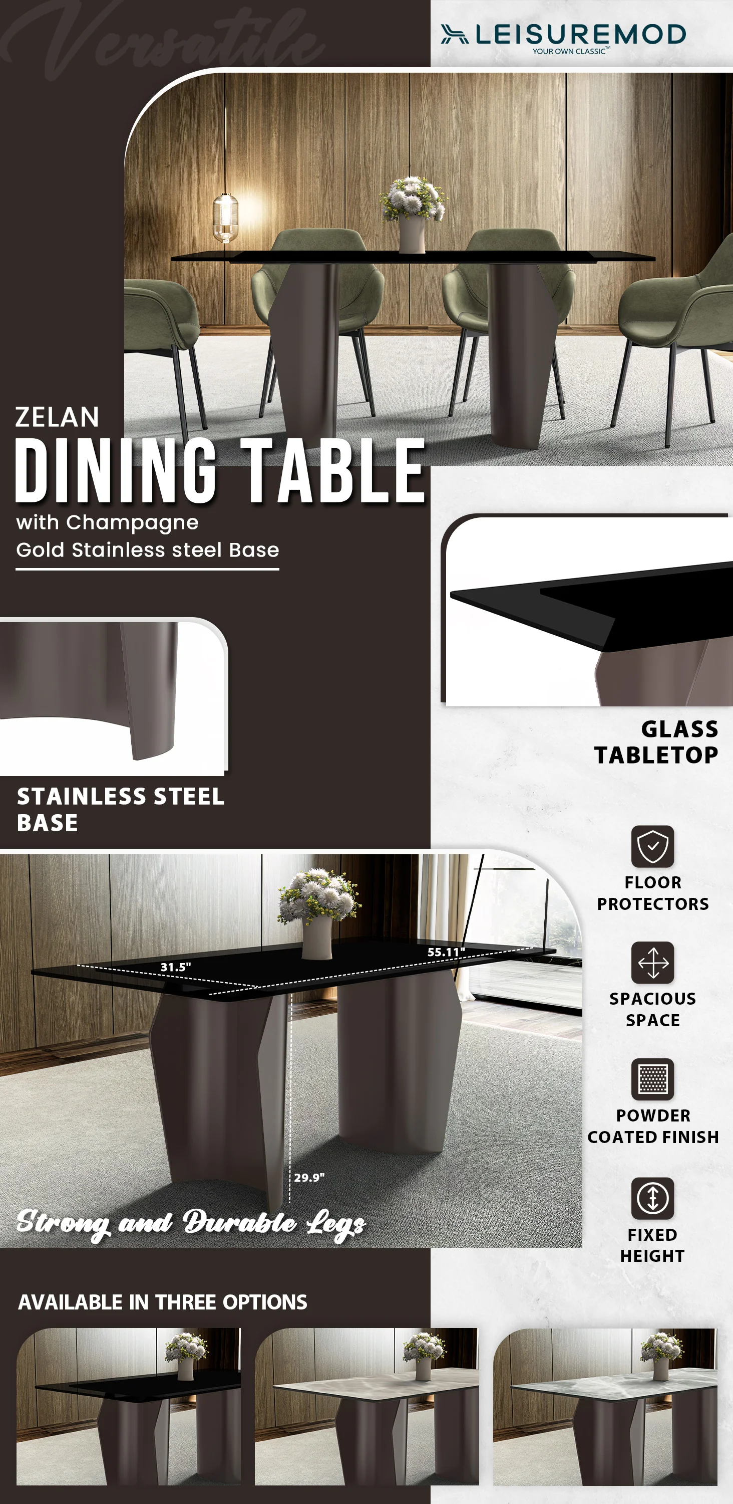 Zelan Series Modern Dining Table Champagne Gold Stainless steel Base, With 55" Black Glass Top