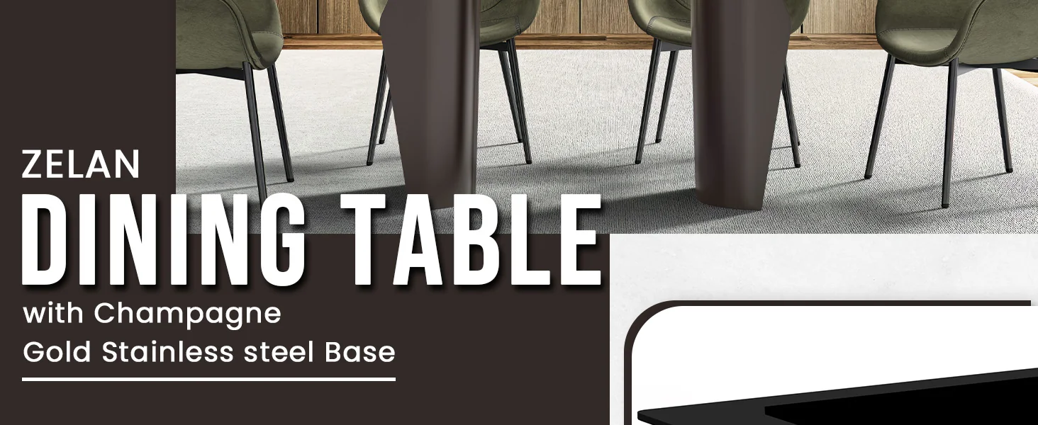 Zelan Series Modern Dining Table Champagne Gold Stainless steel Base, With 55" Black Glass Top