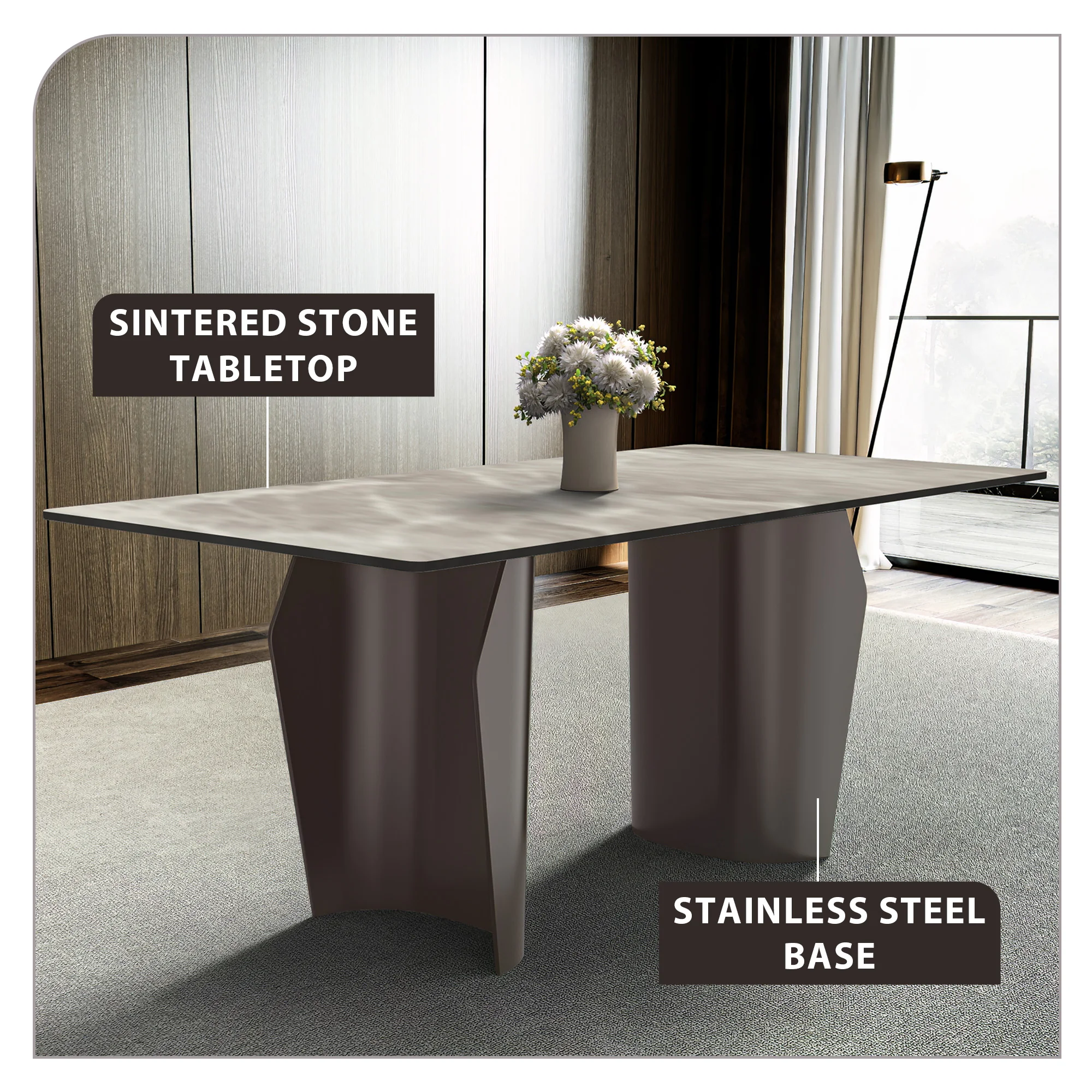 Zelan Series Modern Dining Table Champagne Gold Stainless steel Base, With 55" Deep Grey Sintered Stone Top