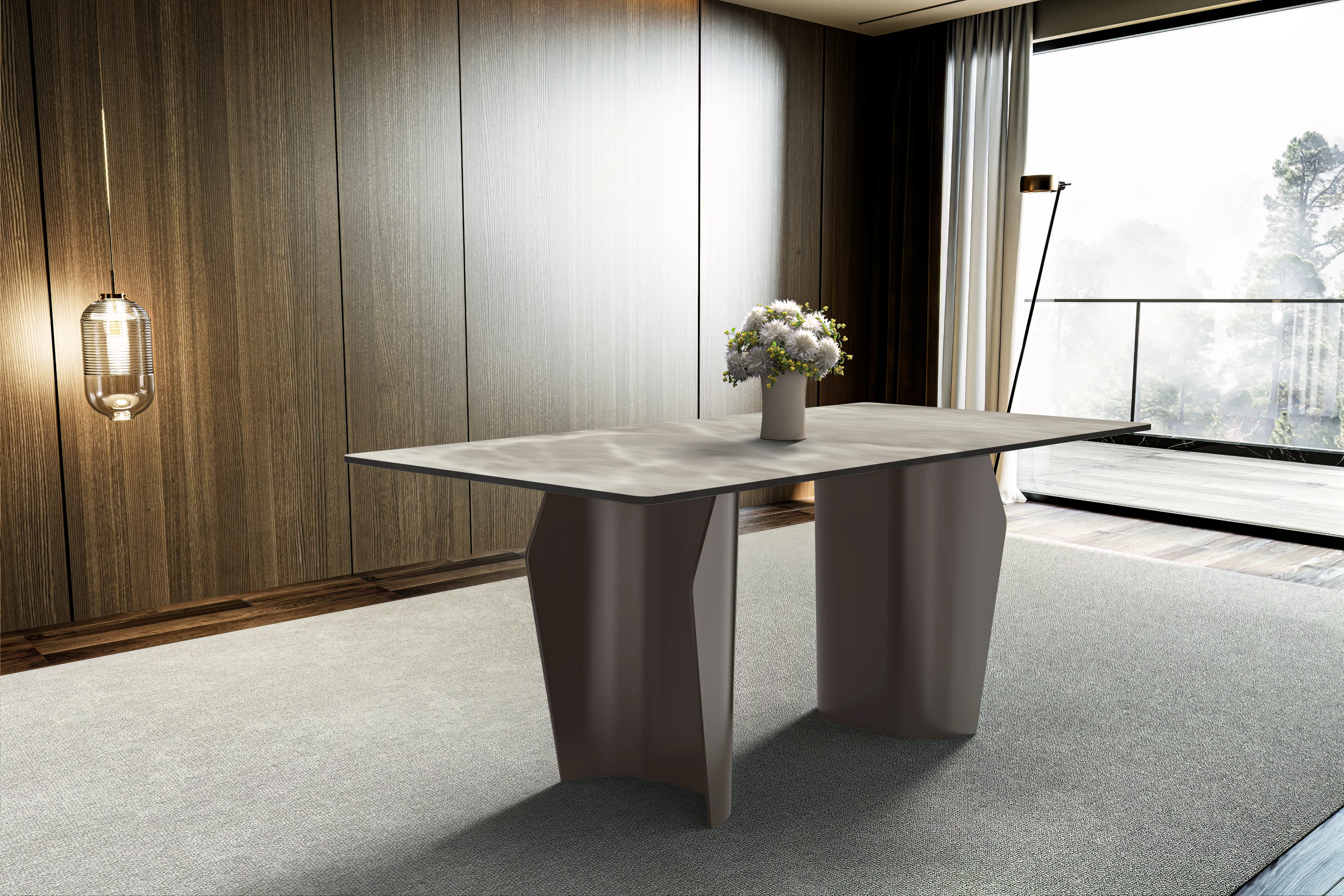 Zelan Series Modern Dining Table Champagne Gold Stainless steel Base, With 55" Deep Grey Sintered Stone Top
