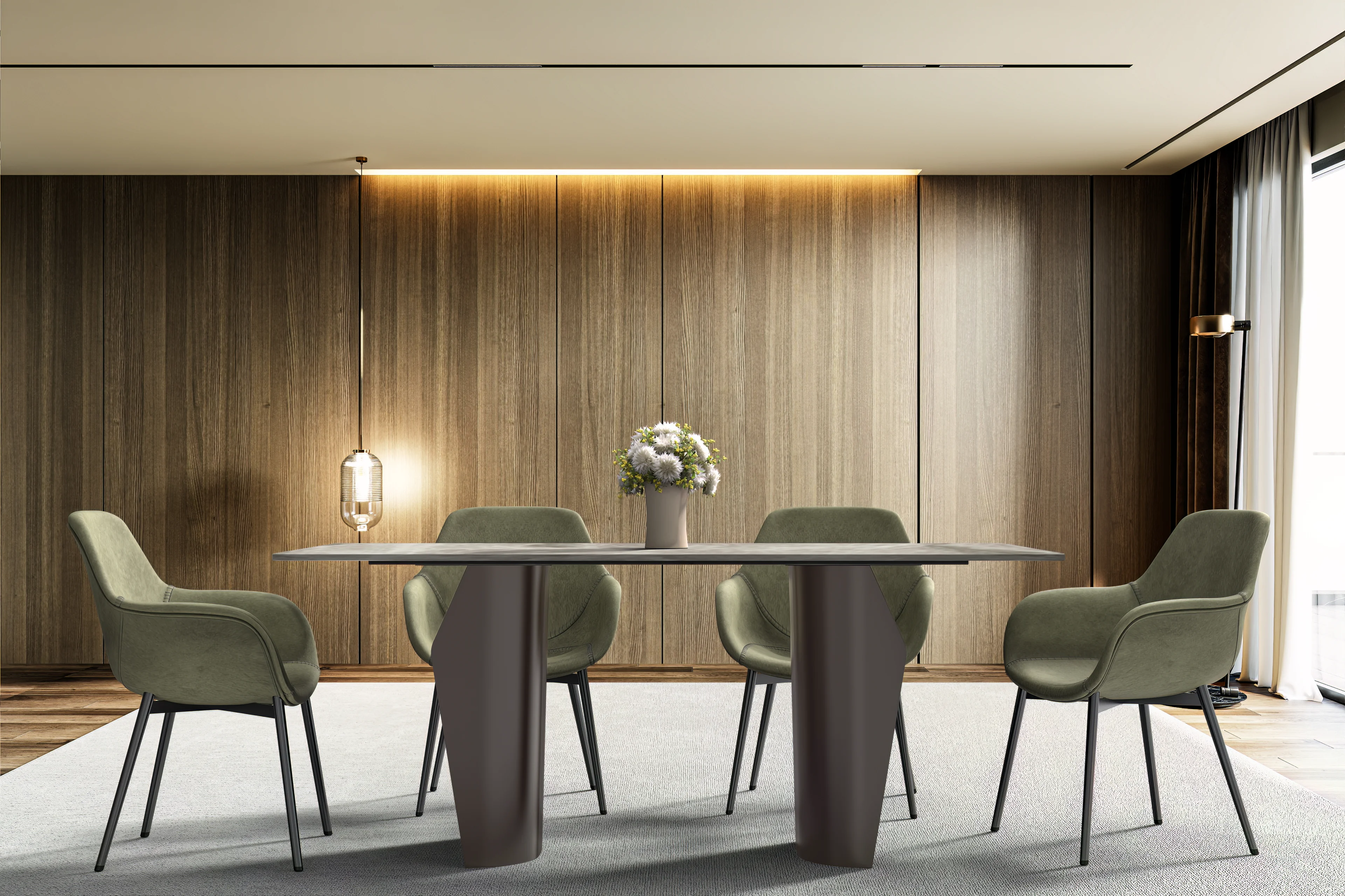 Zelan Series Modern Dining Table Champagne Gold Stainless steel Base, With 55" Deep Grey Sintered Stone Top