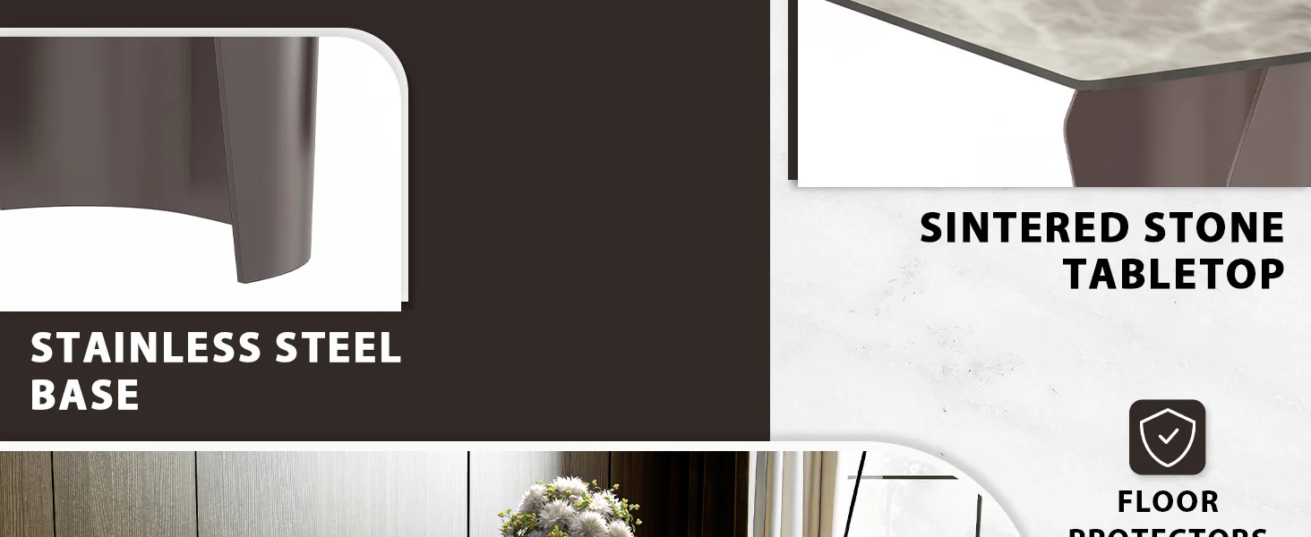 Zelan Series Modern Dining Table Champagne Gold Stainless steel Base, With 55" Deep Grey Sintered Stone Top