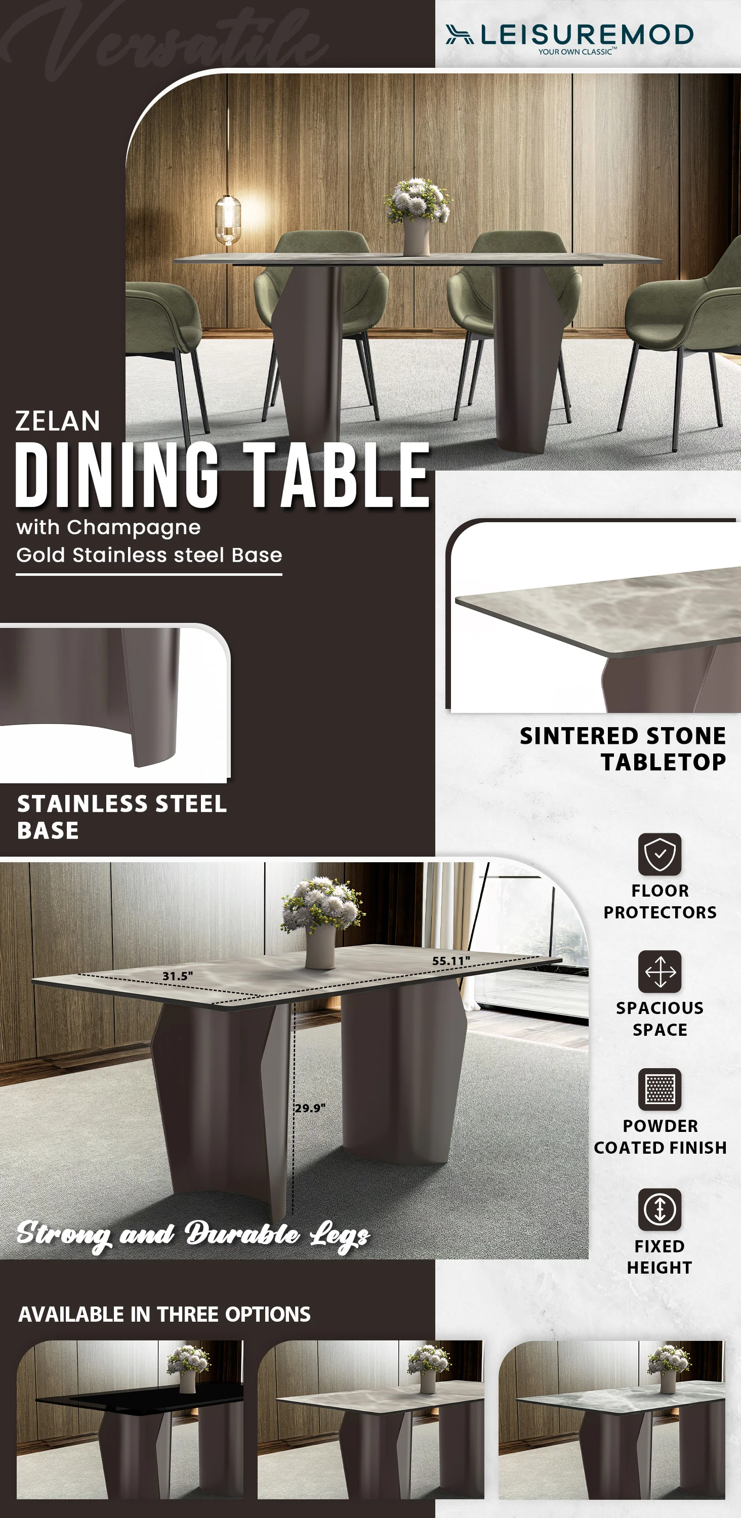 Zelan Series Modern Dining Table Champagne Gold Stainless steel Base, With 55" Deep Grey Sintered Stone Top
