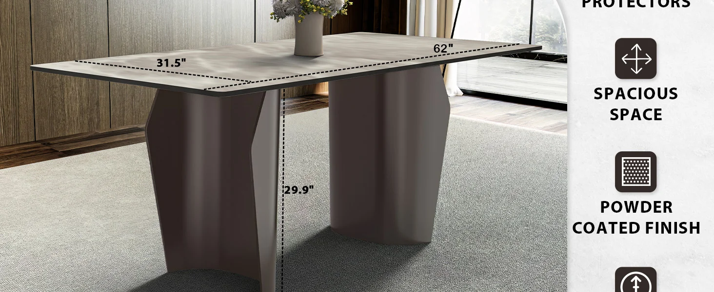 Zelan Series Modern Dining Table Champagne Gold Stainless steel Base, With 55" Deep Grey Sintered Stone Top