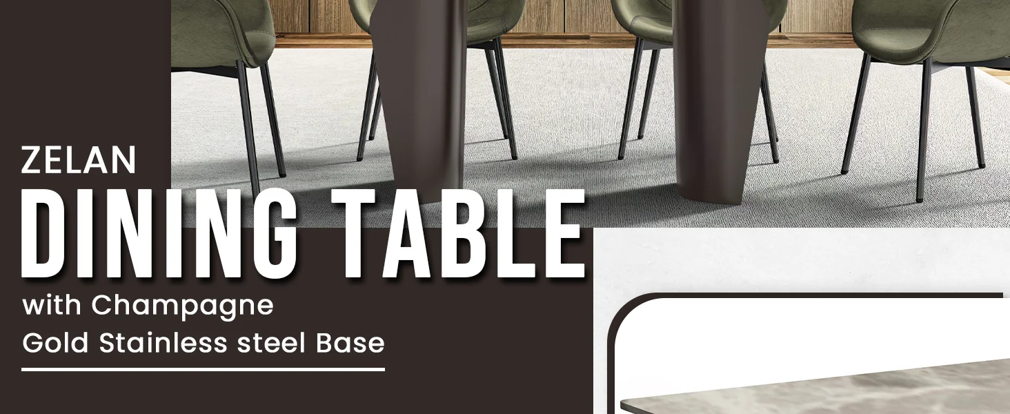 Zelan Series Modern Dining Table Champagne Gold Stainless steel Base, With 55" Deep Grey Sintered Stone Top