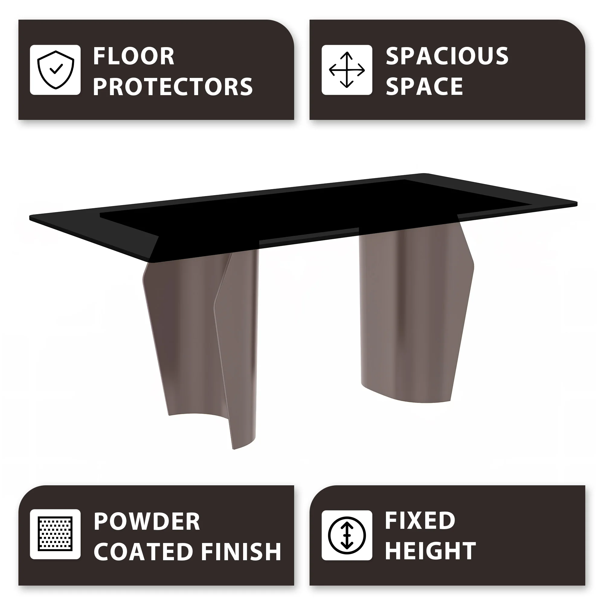 Zelan Series Modern Dining Table Champagne Gold Stainless steel Base, With 62" Black Glass Top