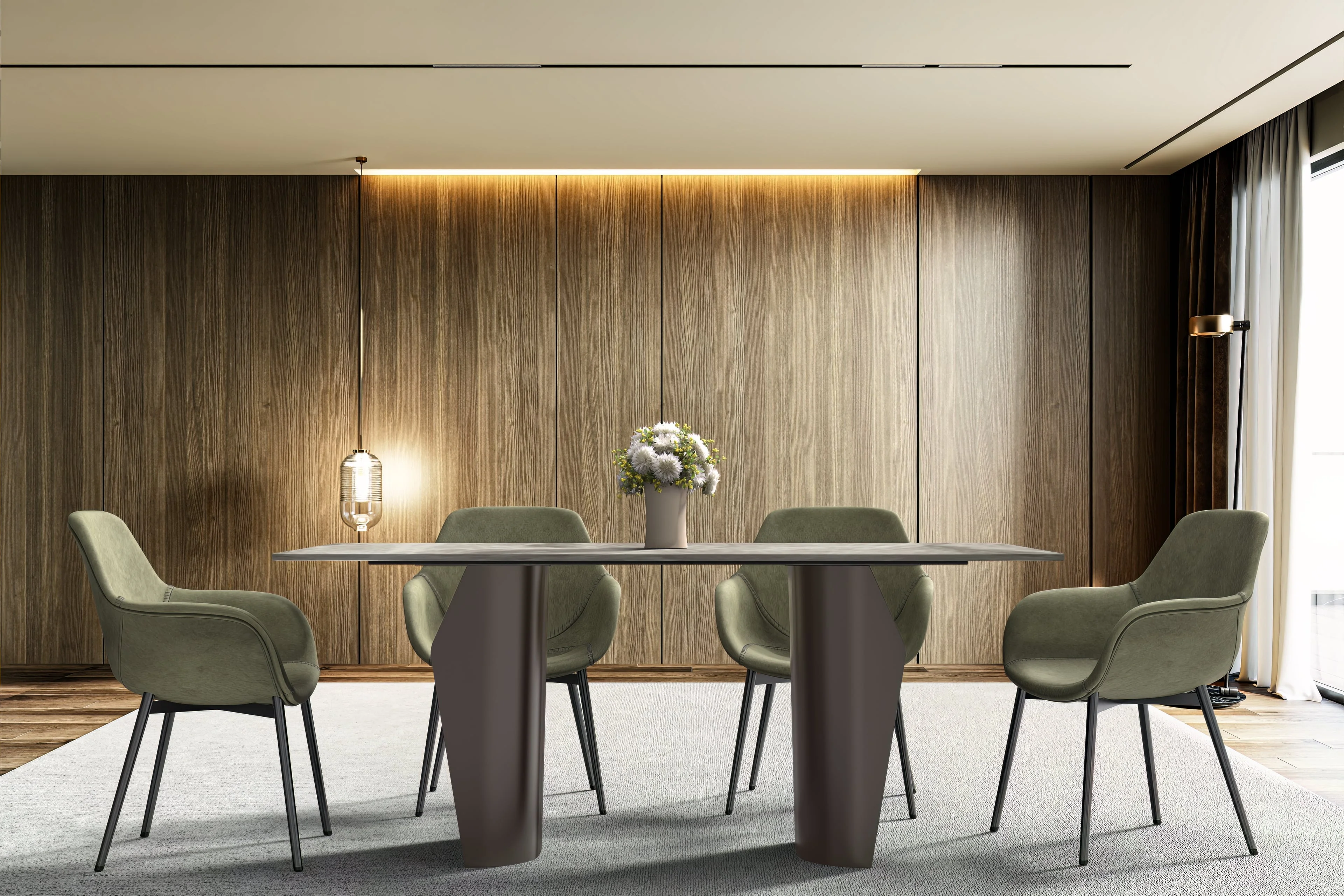 Zelan Series Modern Dining Table Champagne Gold Stainless steel Base, With 62" Deep Grey Sintered Stone Top