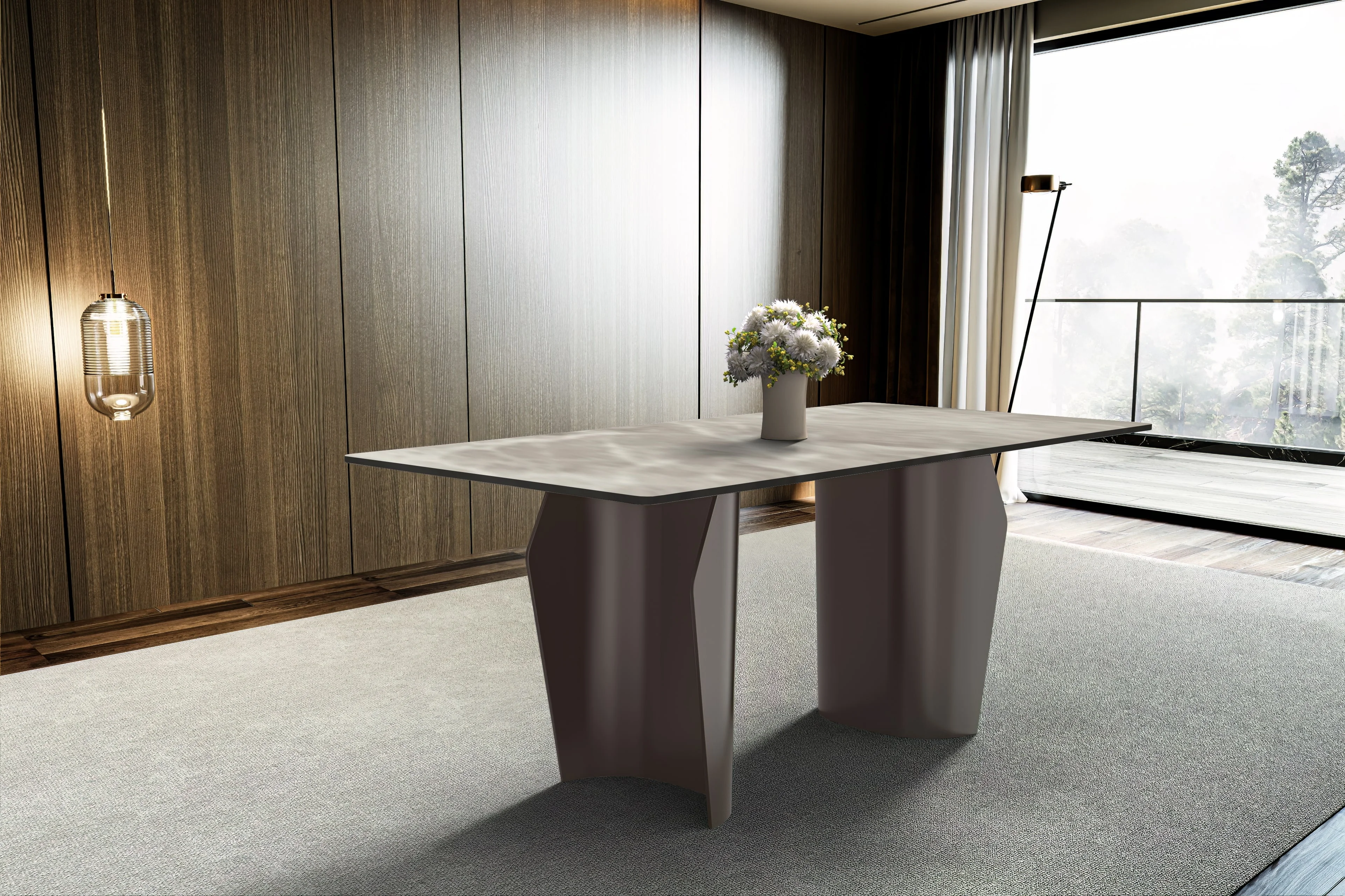 Zelan Series Modern Dining Table Champagne Gold Stainless steel Base, With 62" Deep Grey Sintered Stone Top