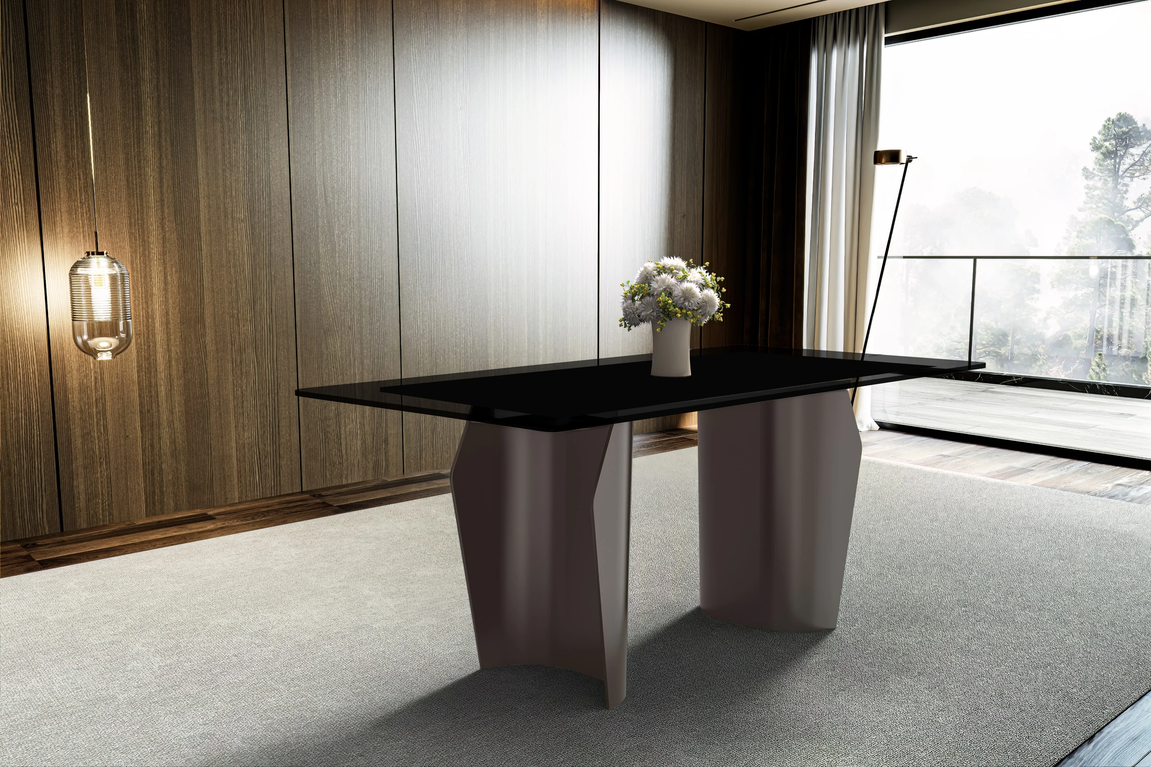 Zelan Series Modern Dining Table Champagne Gold Stainless steel Base, With 71" Black Glass Top