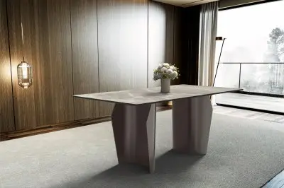 Zelan Series Modern Dining Table Champagne Gold Stainless steel Base, With 71" Deep Grey Sintered Stone Top